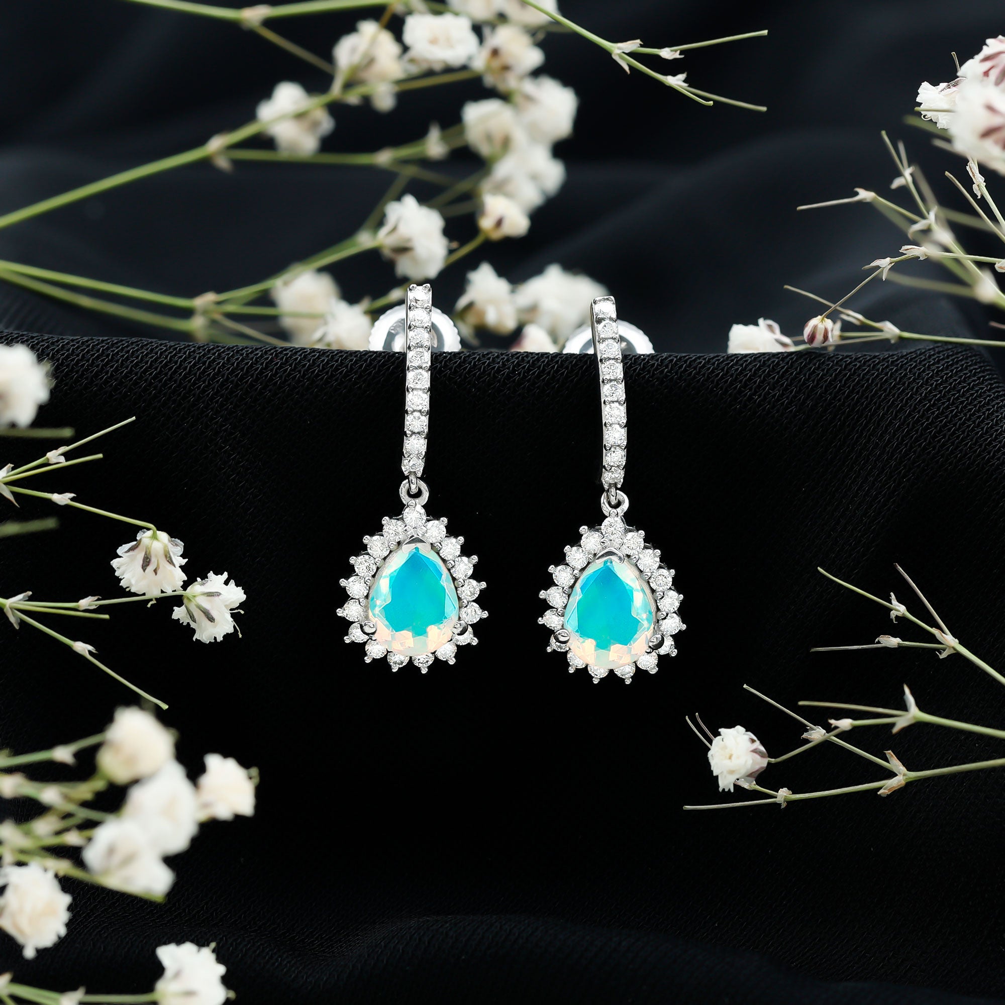 Natural Ethiopian Opal Teardrop Bridal Earrings with Moissanite Accent AAA - Rosec Jewels