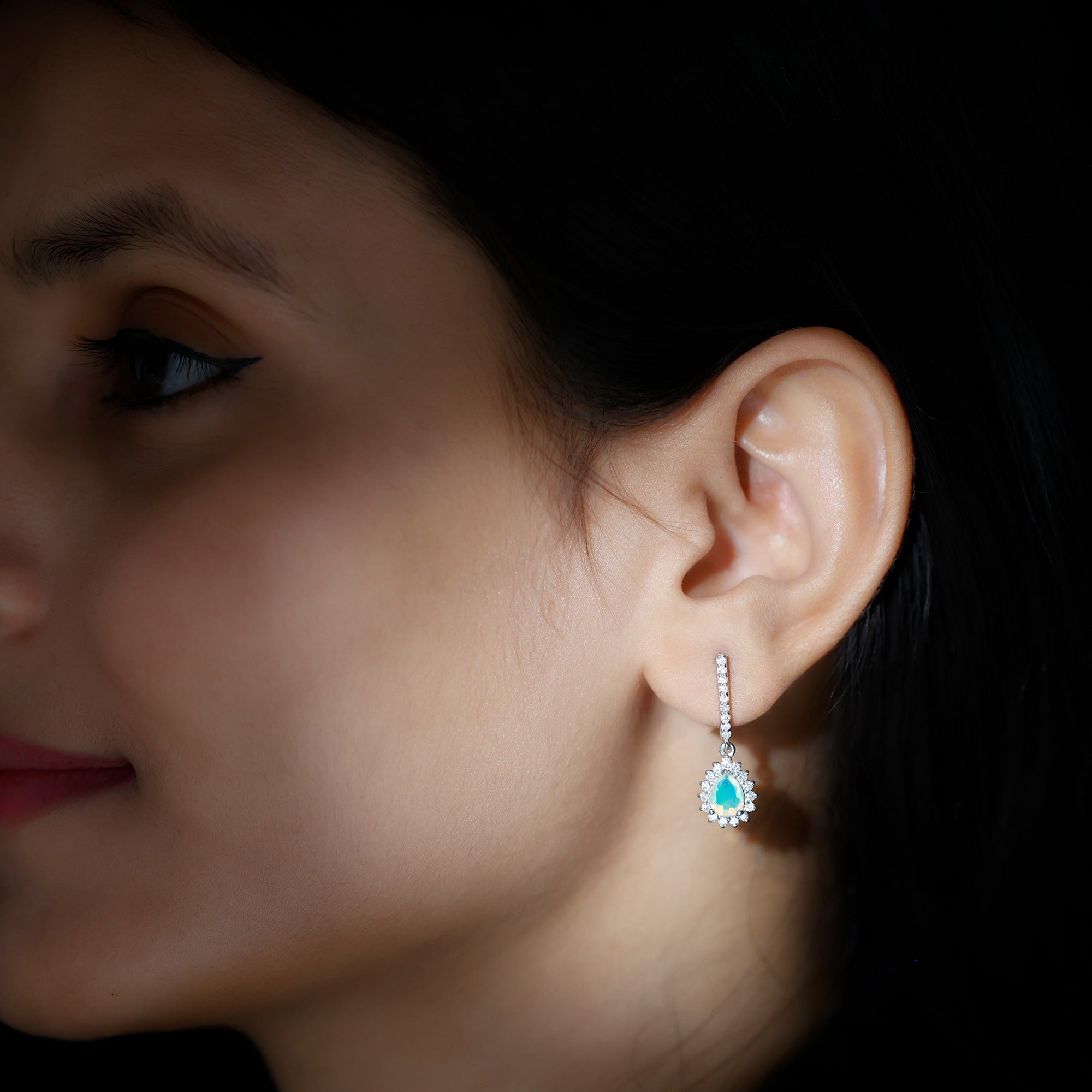 Natural Ethiopian Opal Teardrop Bridal Earrings with Moissanite Accent AAA - Rosec Jewels