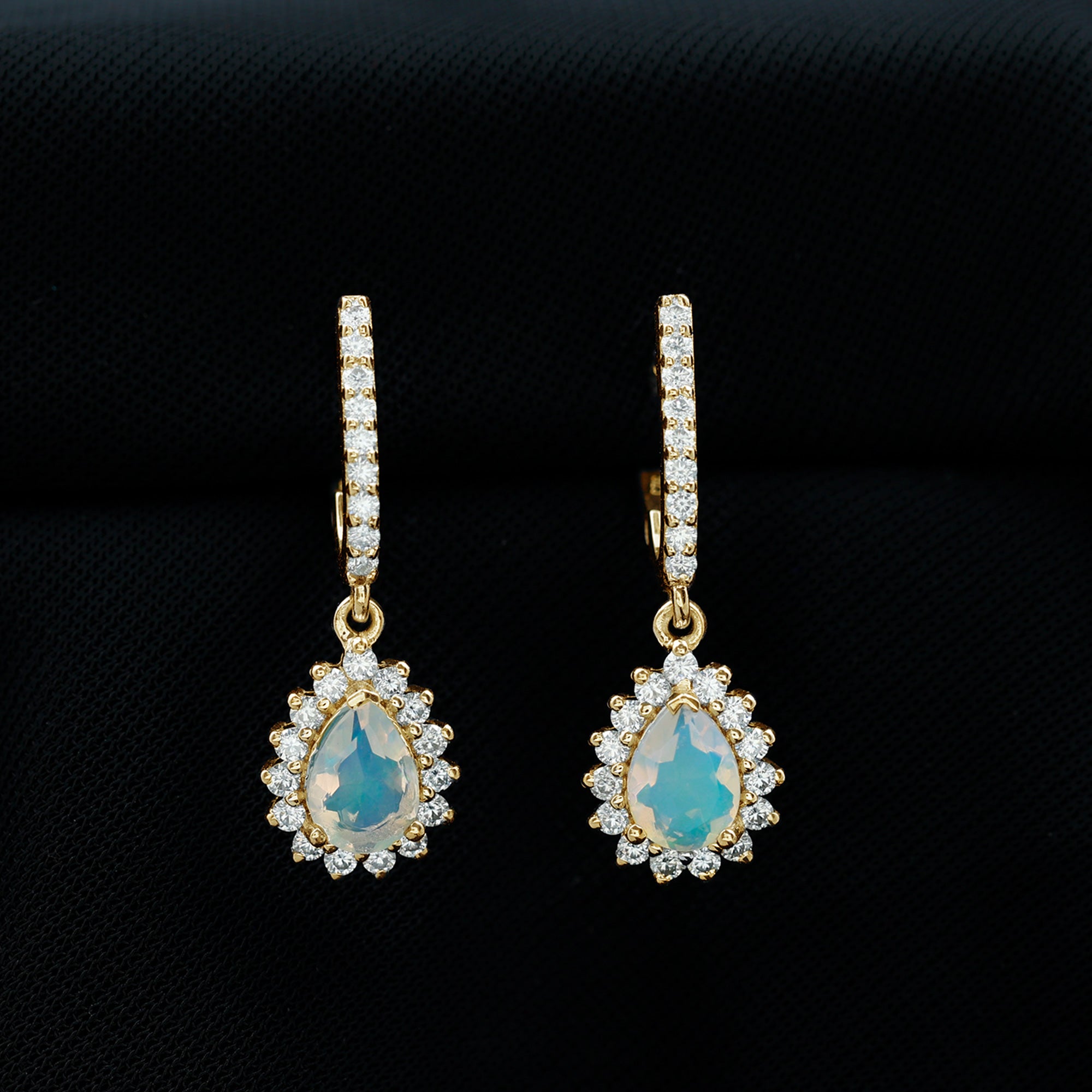 2.75 CT Ethiopian Opal Bridal Teardrop Bridal Hoop Earrings with Moissanite Accent Ethiopian Opal - ( AAA ) - Quality - Rosec Jewels