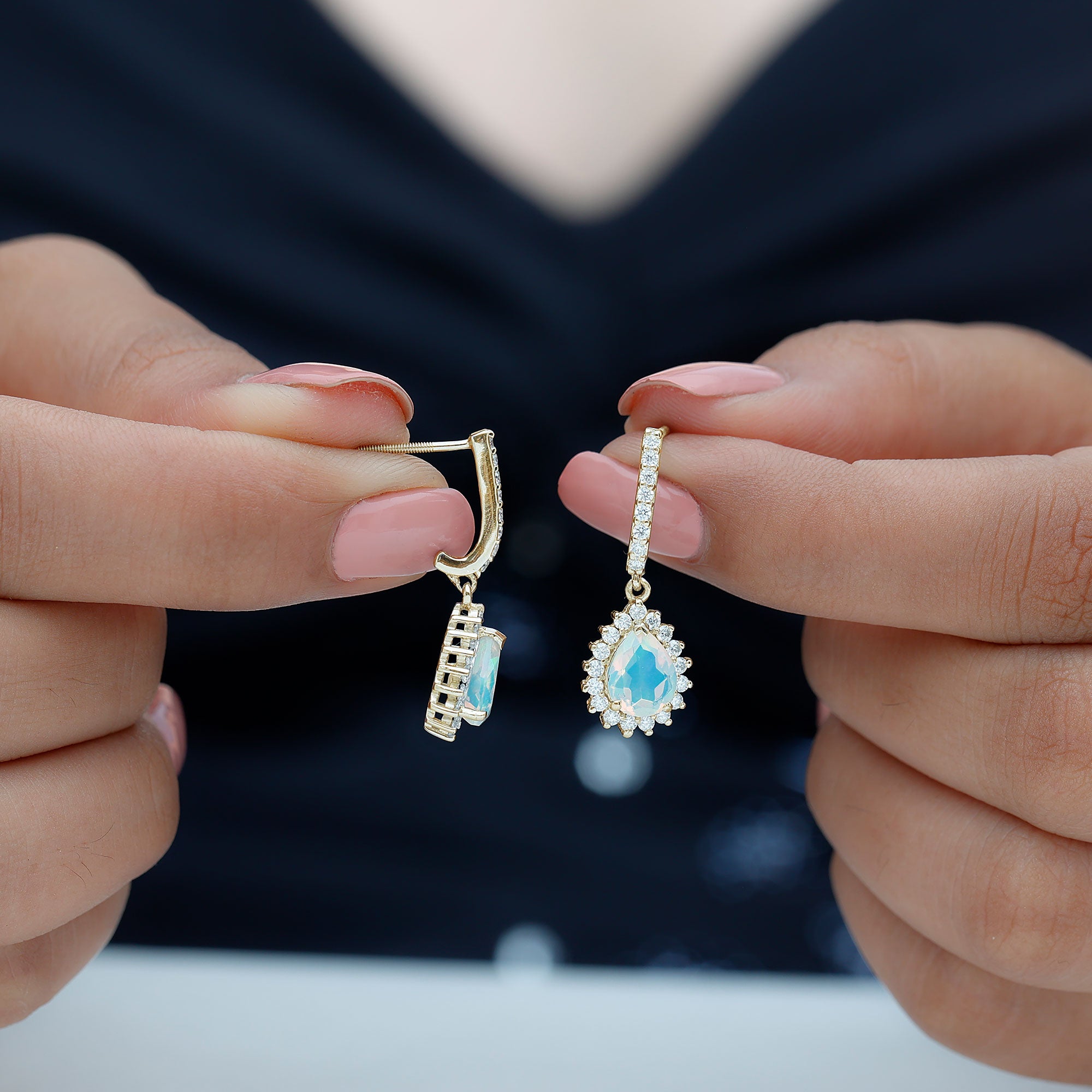 Natural Ethiopian Opal Teardrop Bridal Earrings with Moissanite Accent AAA - Rosec Jewels