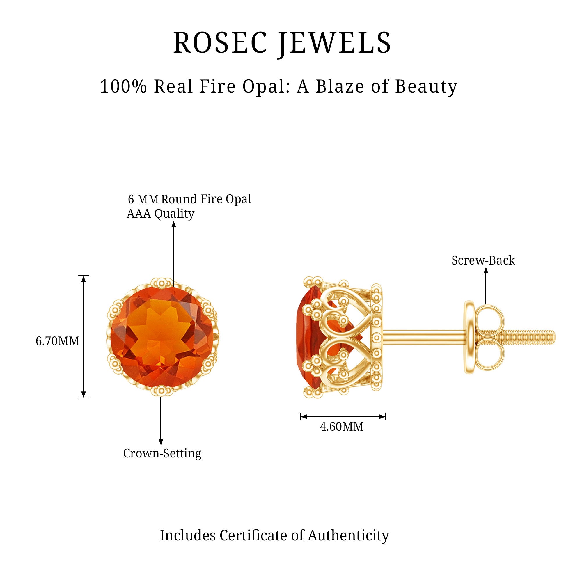 1.5 Carat Fire Opal Solitaire Crown Stud Earrings AAA - Rosec Jewels