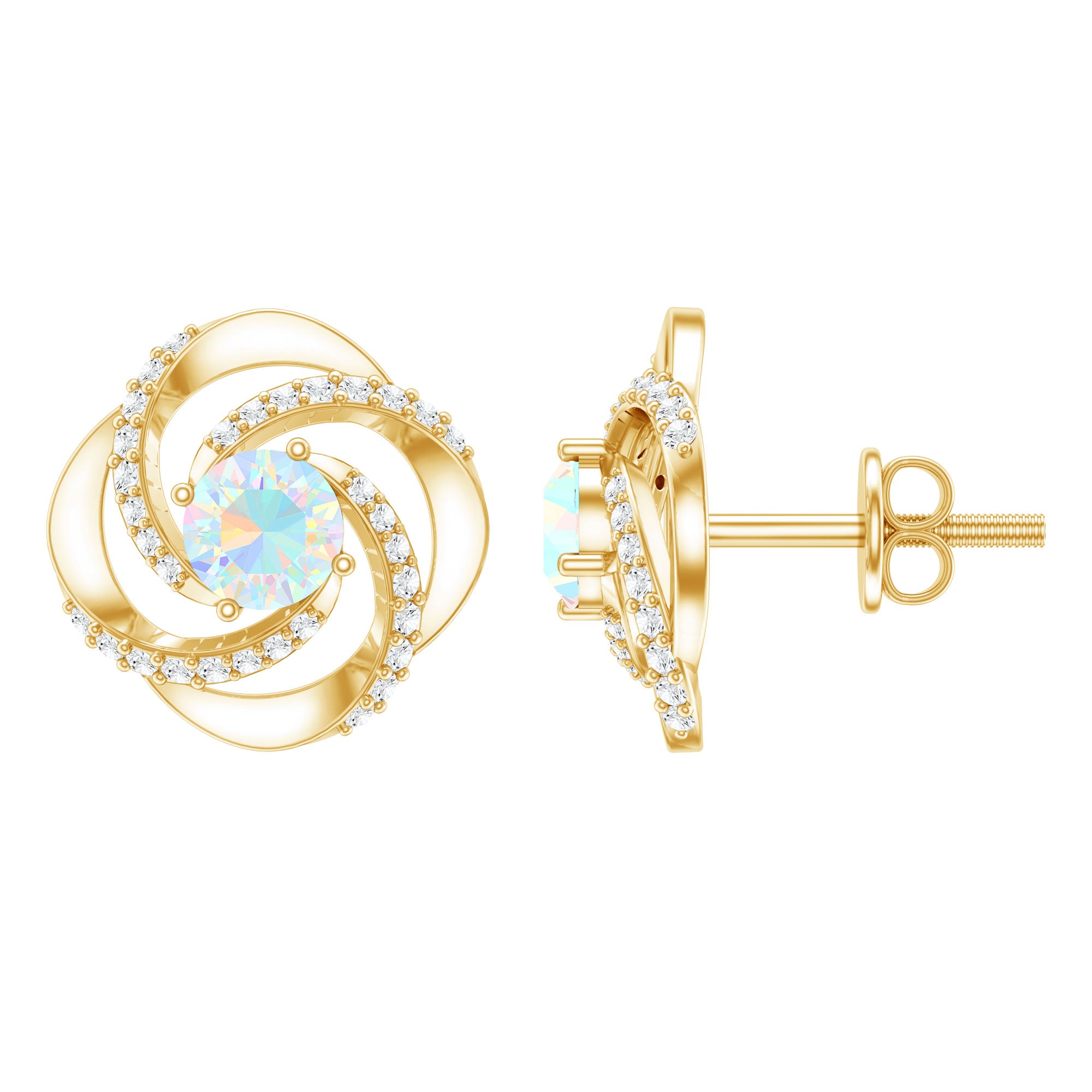 Genuine Ethiopian Opal and Diamond Swirl Stud Earrings AAA - Rosec Jewels