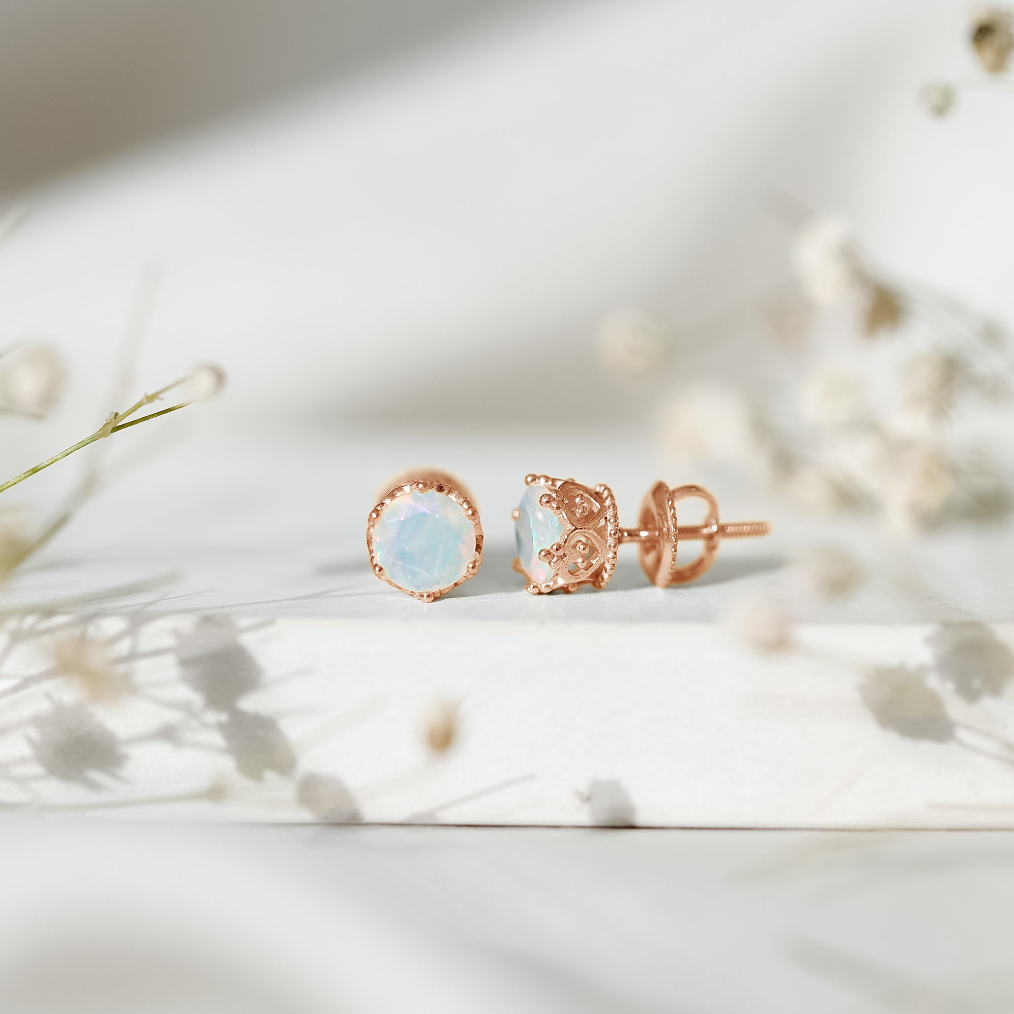 Natural Ethiopian Opal Crown Stud Earrings with Screw Back AAA - Rosec Jewels