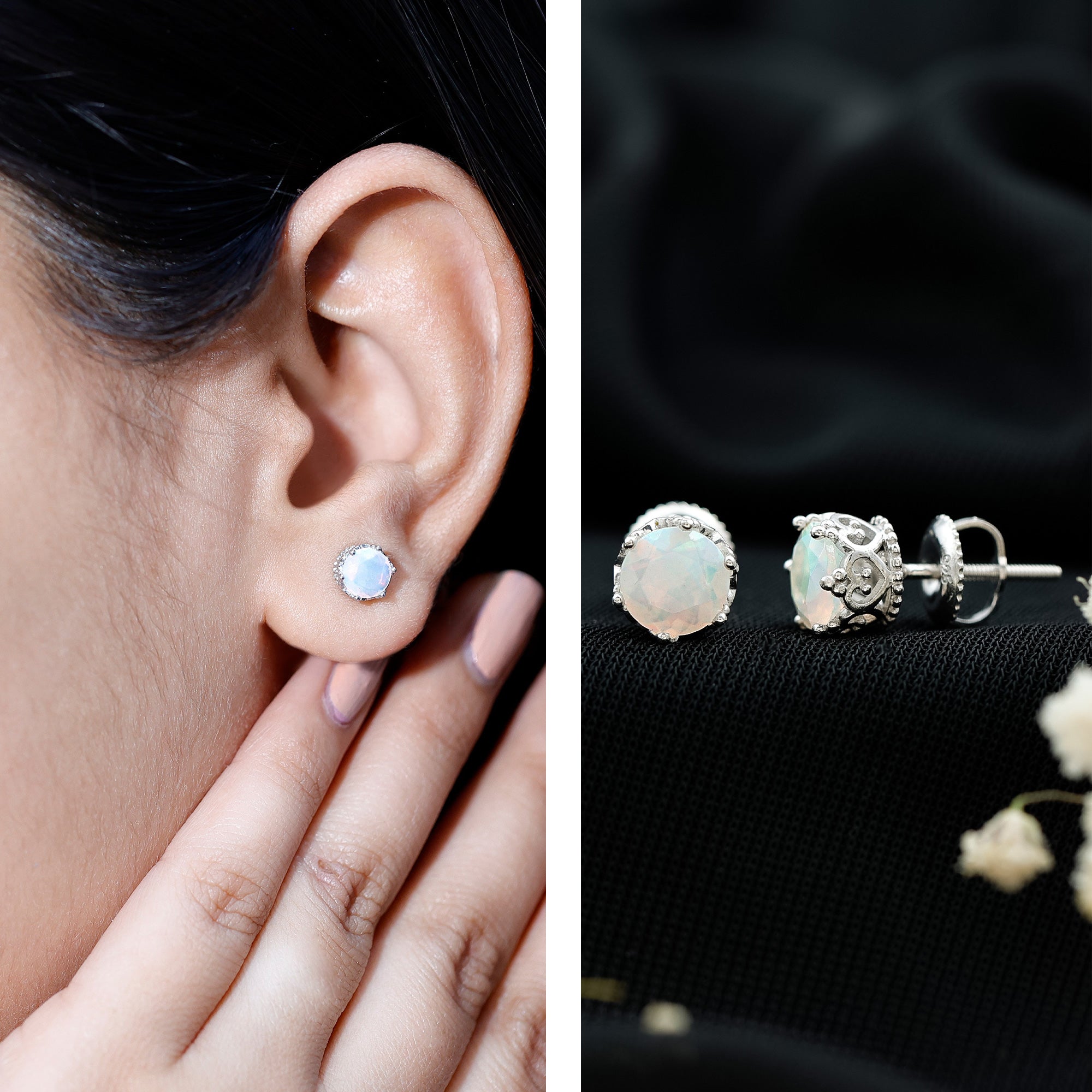 Natural Ethiopian Opal Crown Stud Earrings with Screw Back AAA - Rosec Jewels