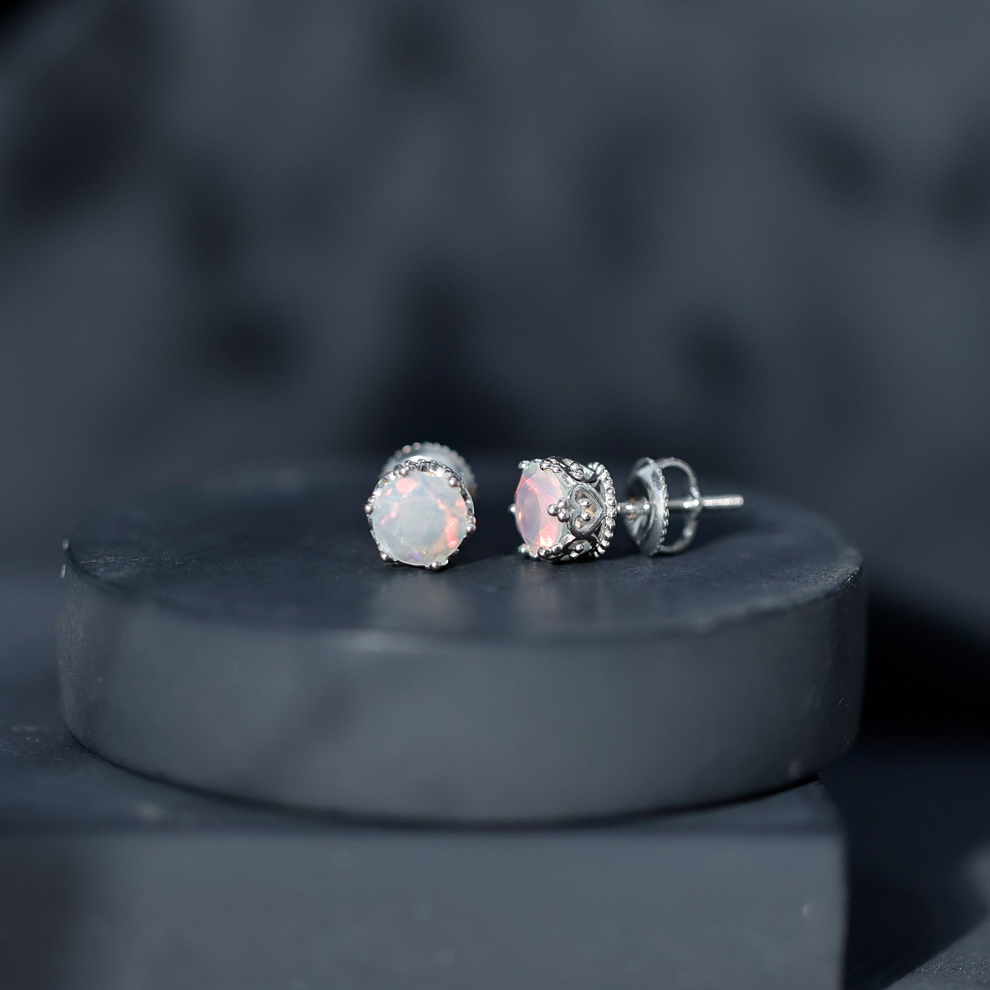Natural Ethiopian Opal Crown Stud Earrings with Screw Back AAA - Rosec Jewels