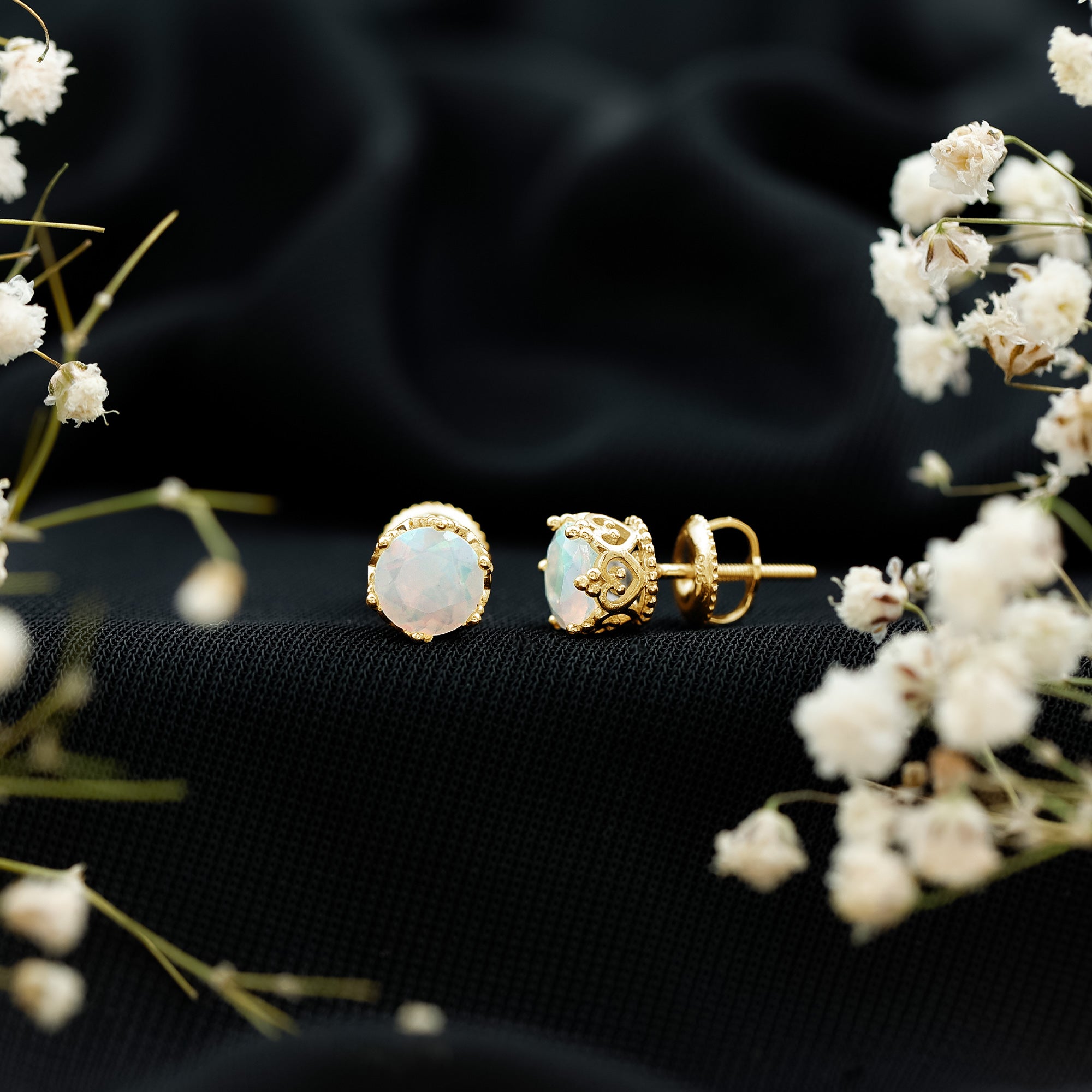 Natural Ethiopian Opal Crown Stud Earrings with Screw Back AAA - Rosec Jewels