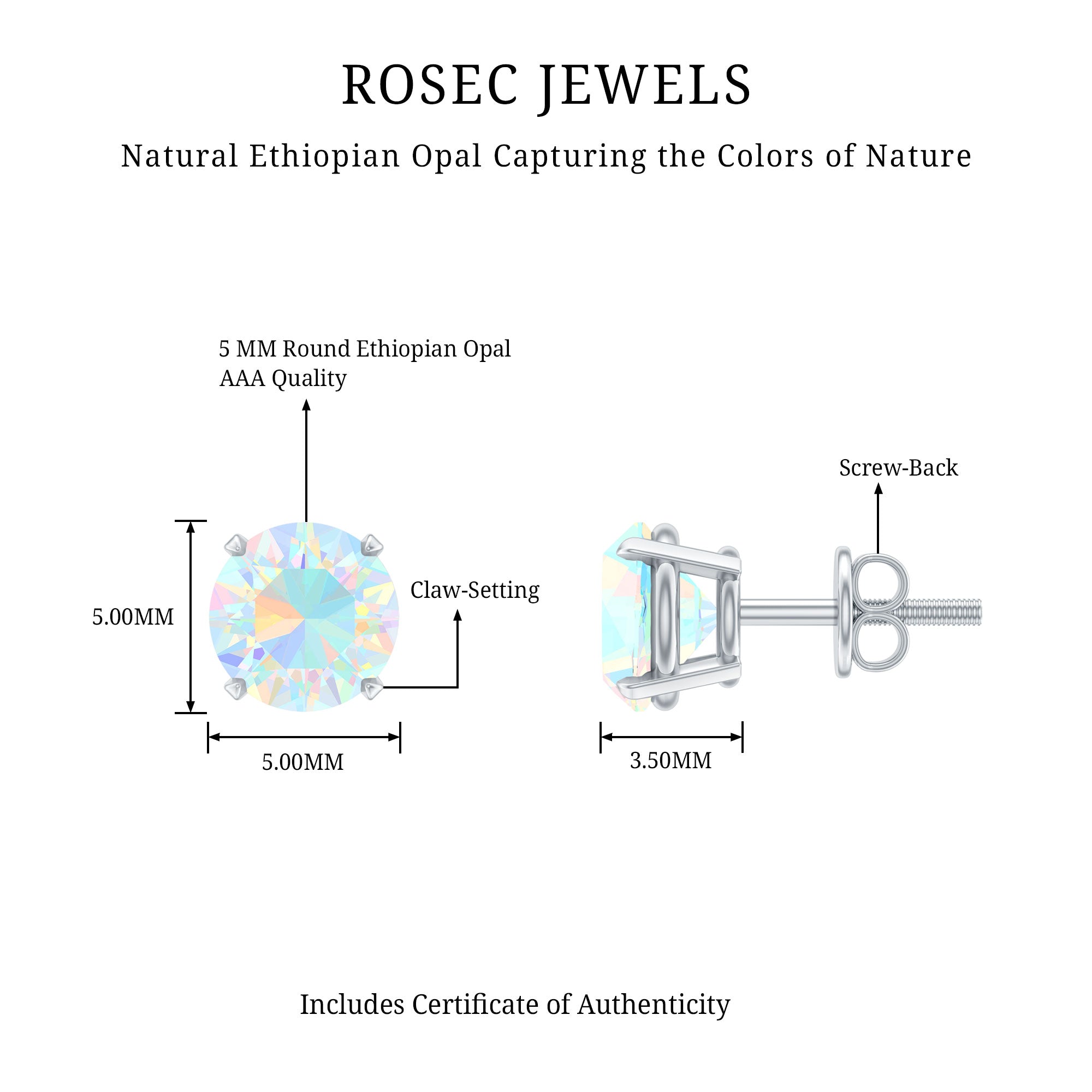 Real Ethiopian Opal Solitaire Stud Earrings AAA - Rosec Jewels