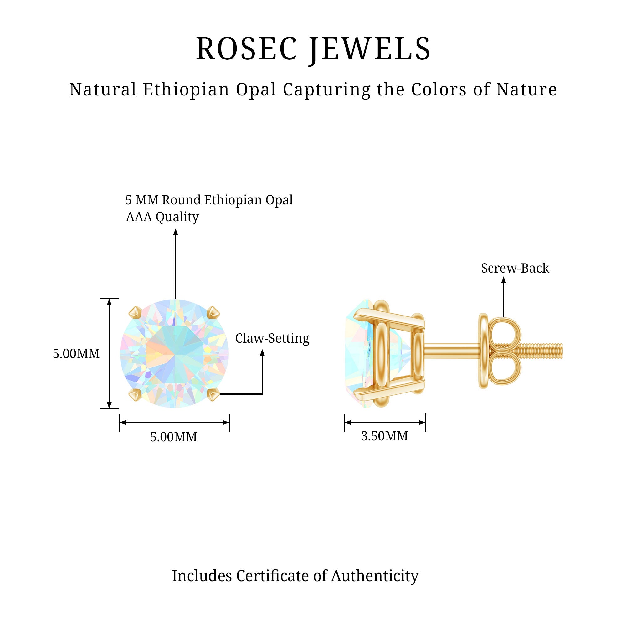Real Ethiopian Opal Solitaire Stud Earrings AAA - Rosec Jewels
