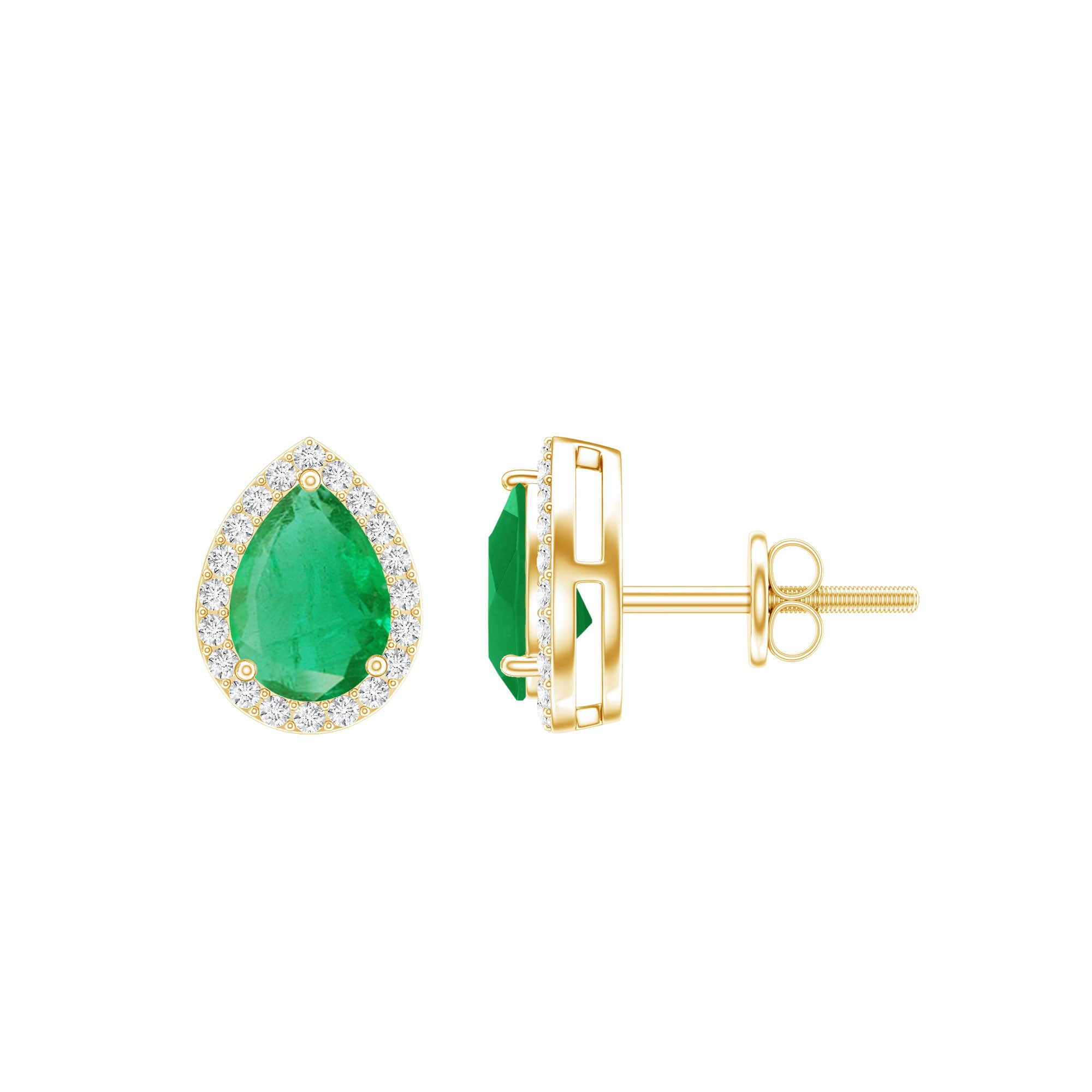 Natural 5X7mm Pear Shape Emerald Stud Earrings with Diamond Halo AAA - Rosec Jewels