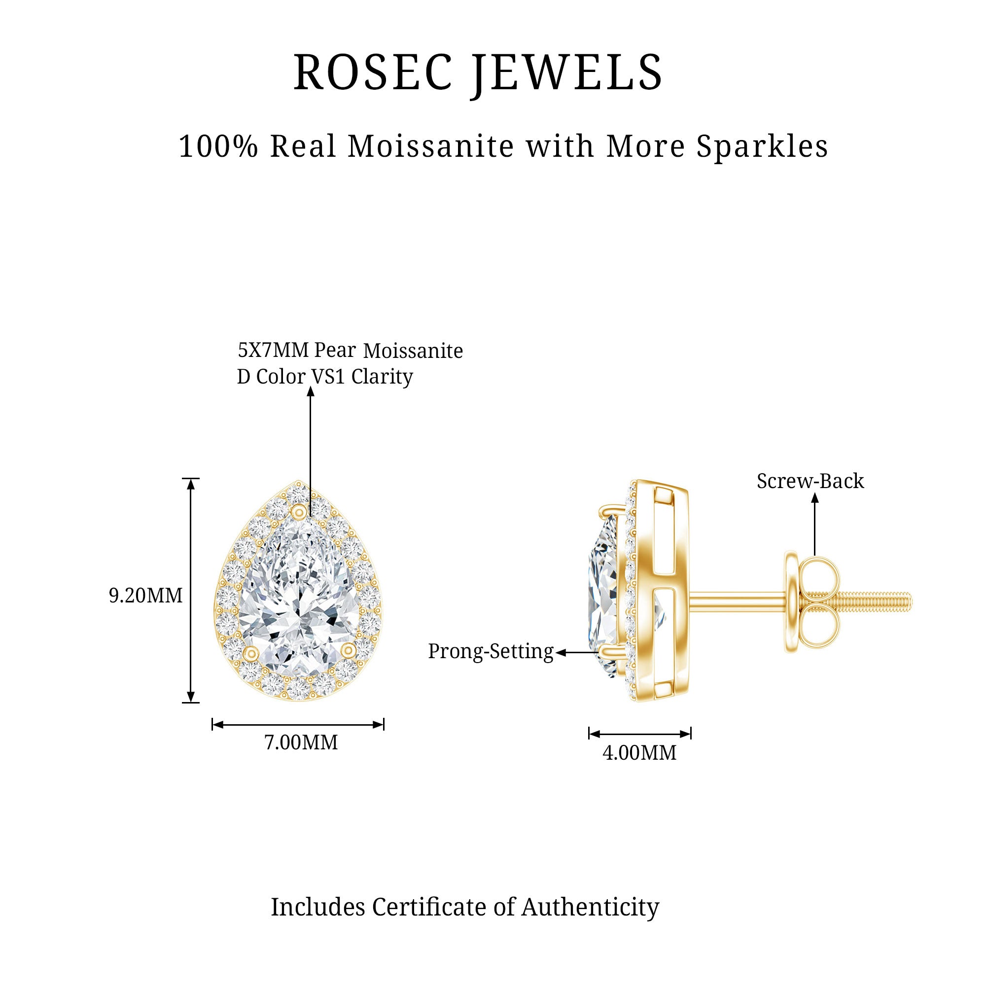 1.75 CT Classic Moissanite Teardrop Stud Earrings with Halo D-VS1 - Rosec Jewels