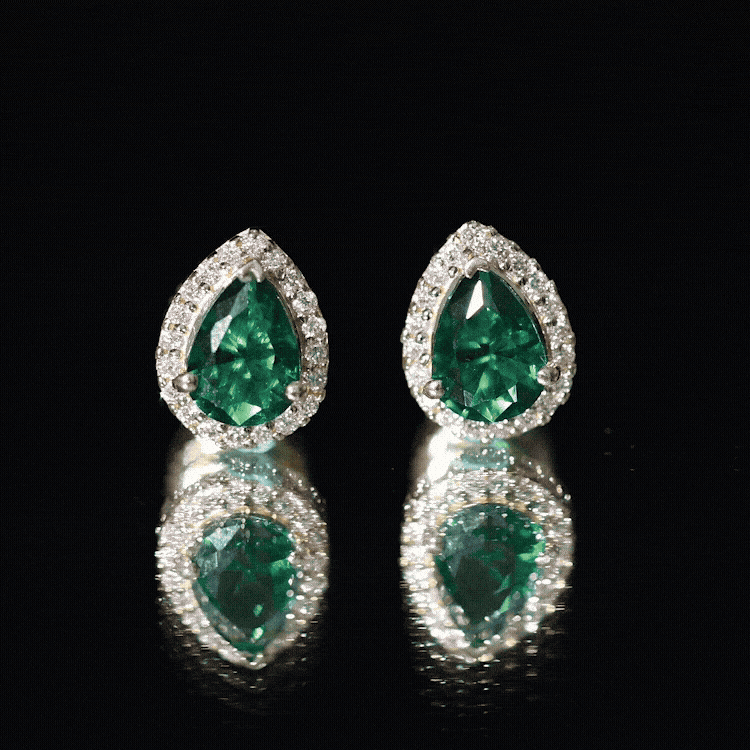 Lab Created Emerald Teardrop Stud Earrings with Diamond Halo AAAA - Rosec Jewels
