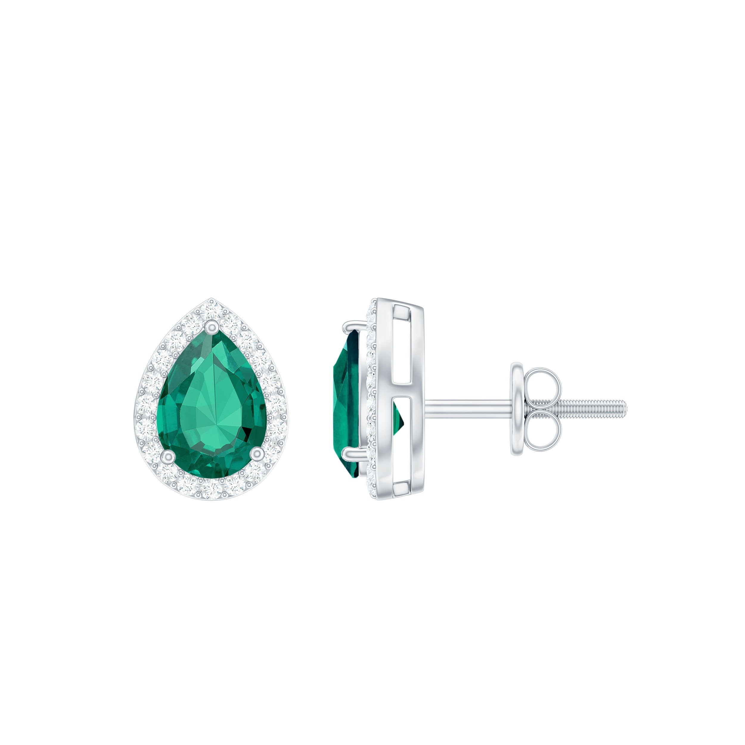 Lab Created Emerald Teardrop Stud Earrings with Diamond Halo