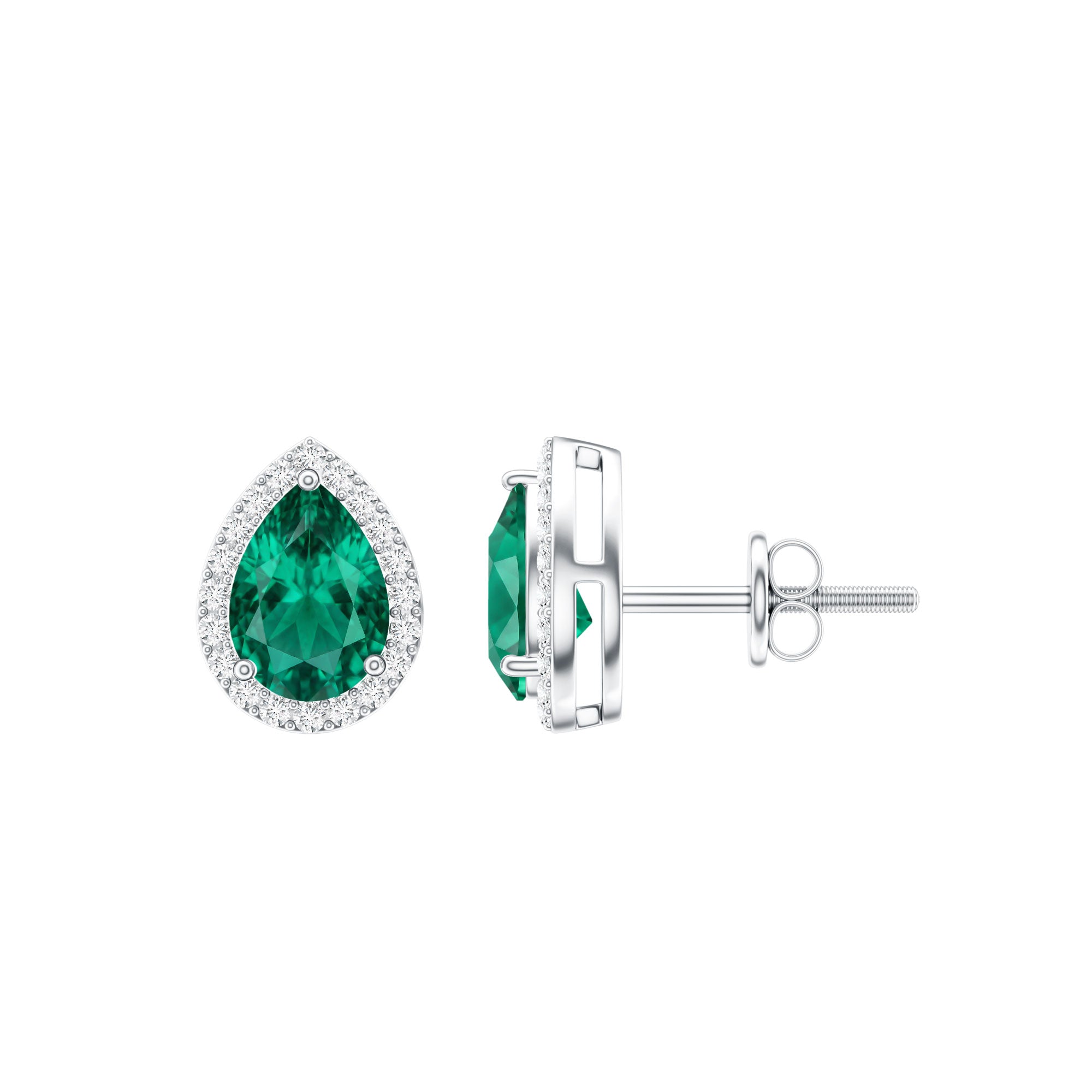 Lab Created Emerald Teardrop Stud Earrings with Diamond Halo AAAA - Rosec Jewels