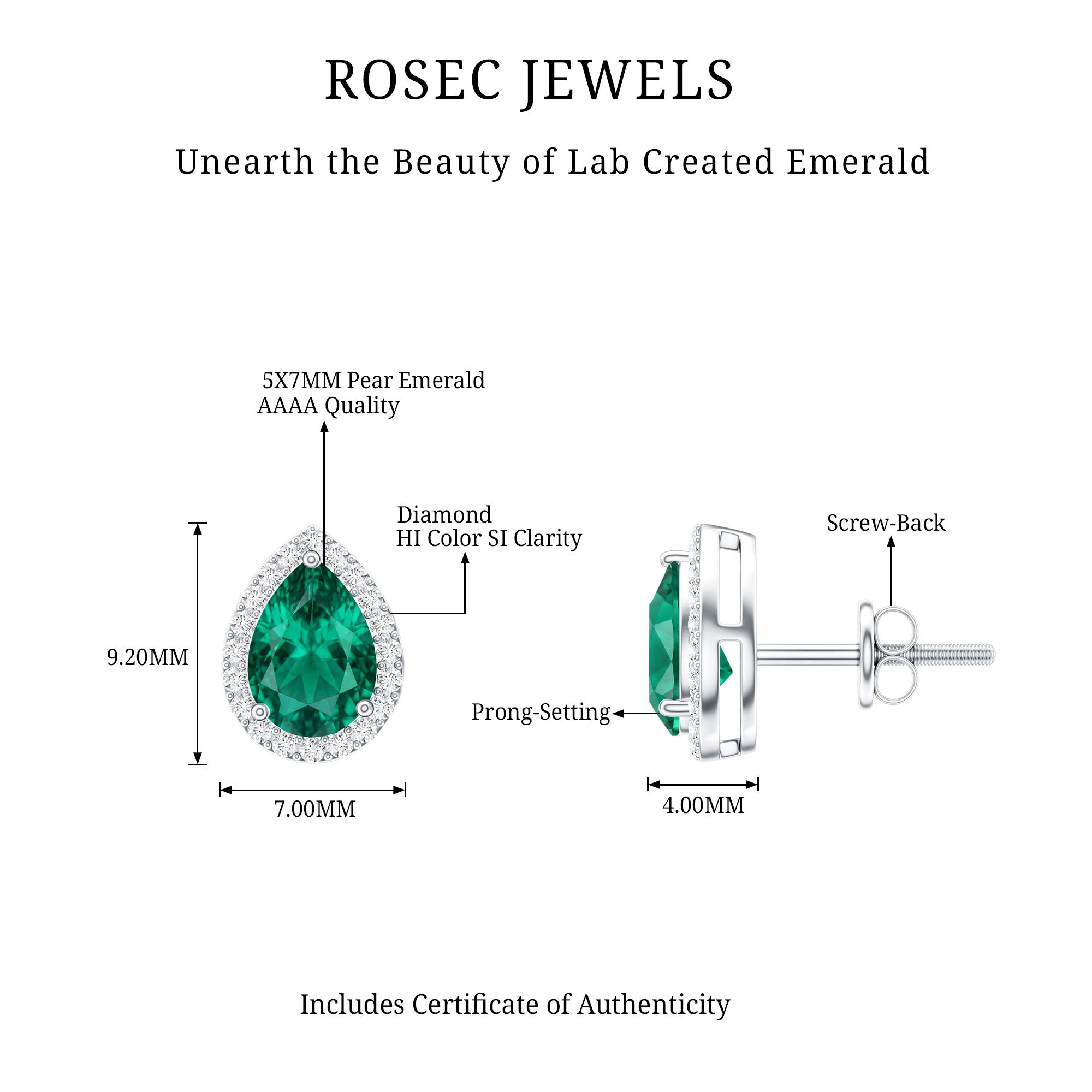 Lab Created Emerald Teardrop Stud Earrings with Diamond Halo AAAA - Rosec Jewels