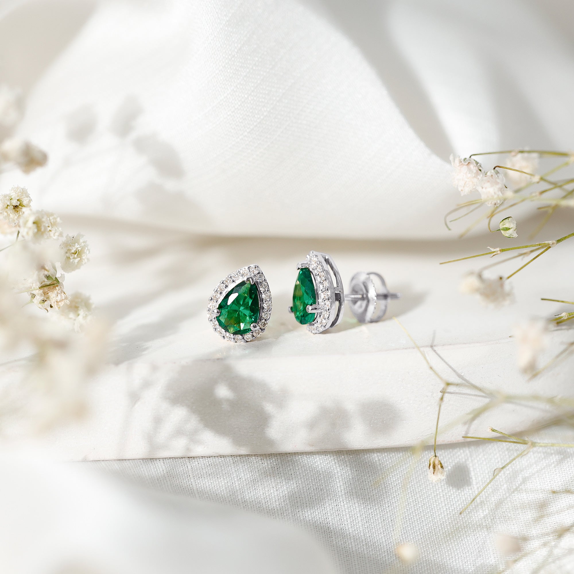 Lab Created Emerald Teardrop Stud Earrings with Diamond Halo AAAA - Rosec Jewels