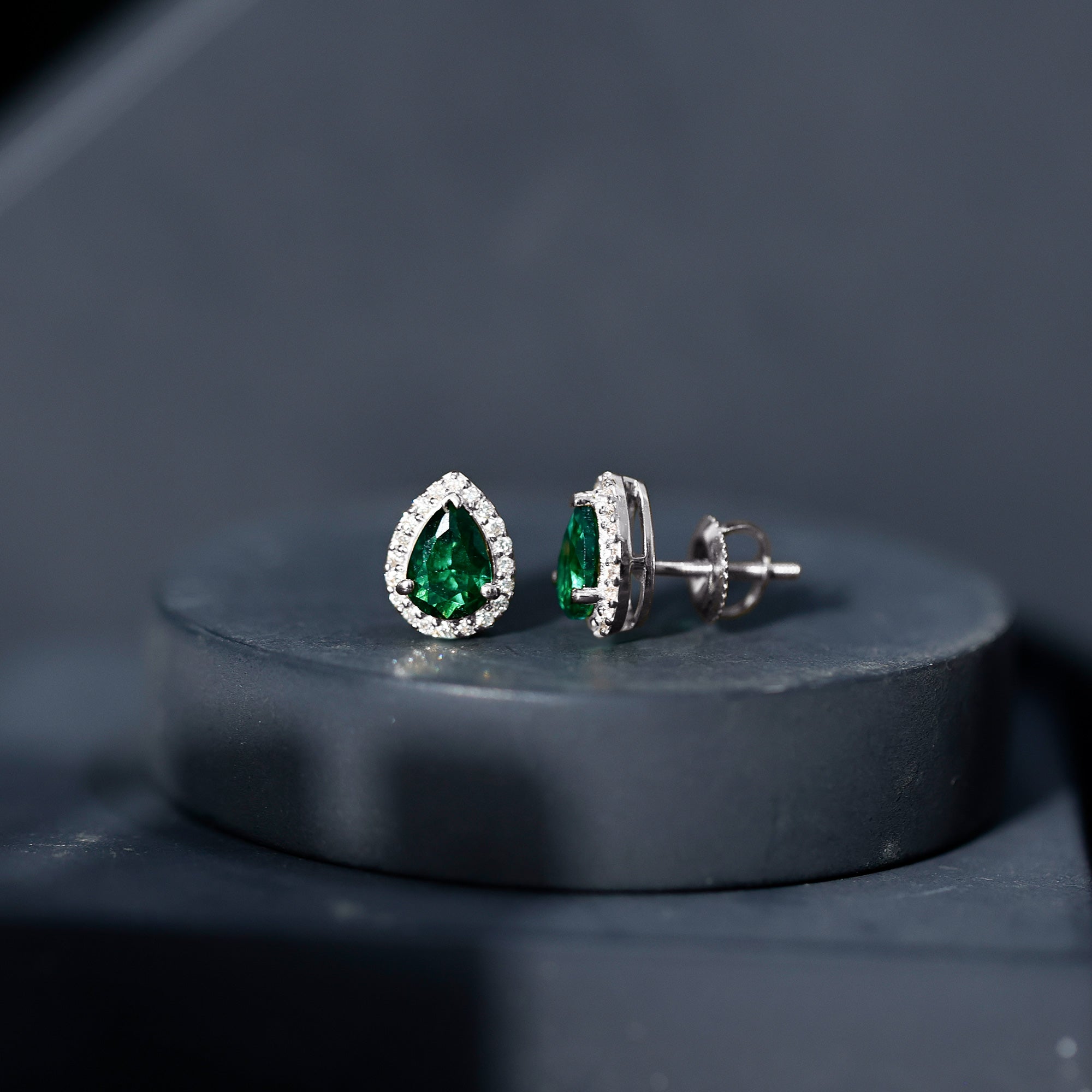 Lab Created Emerald Teardrop Stud Earrings with Diamond Halo AAAA - Rosec Jewels
