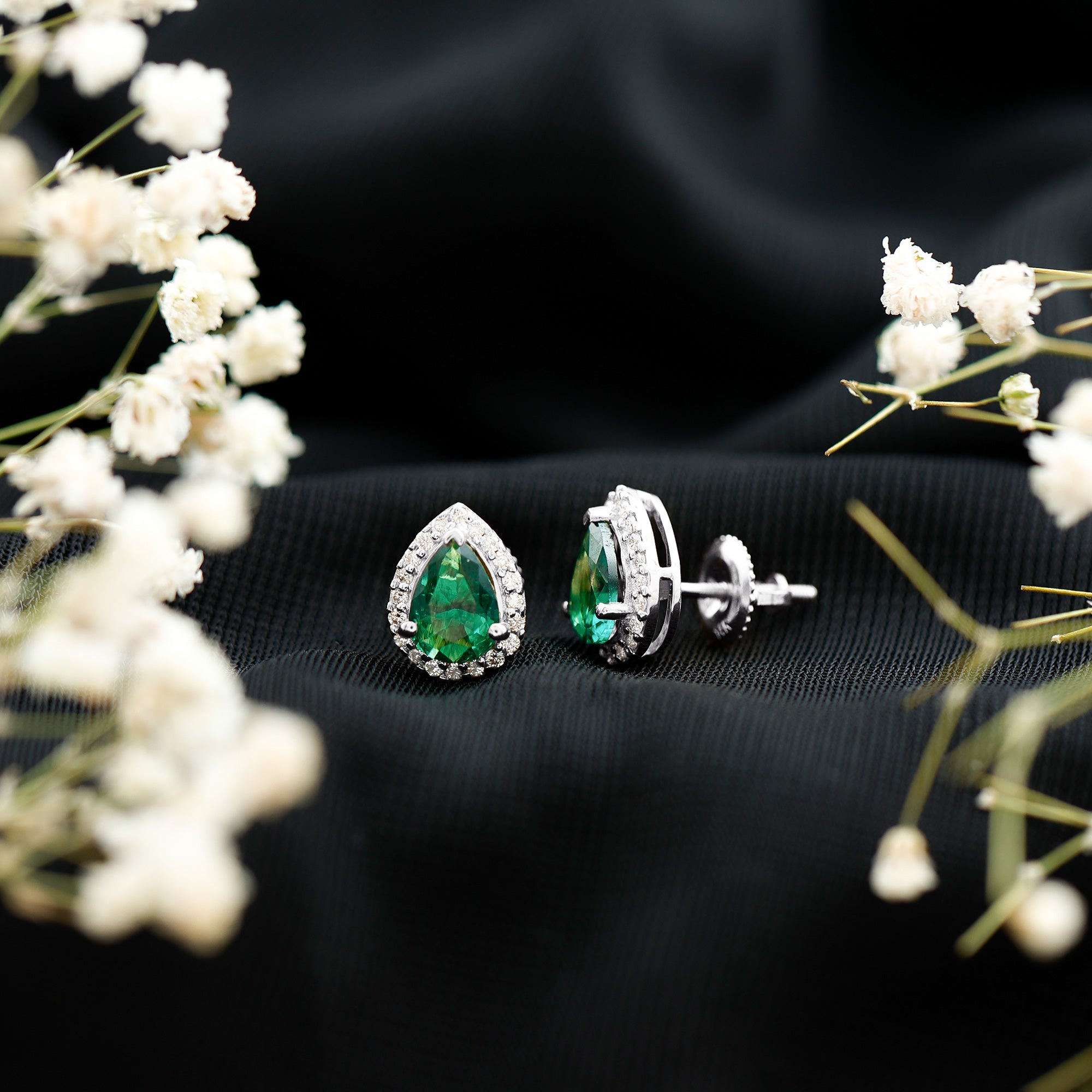 Lab Created Emerald Teardrop Stud Earrings with Diamond Halo AAAA - Rosec Jewels