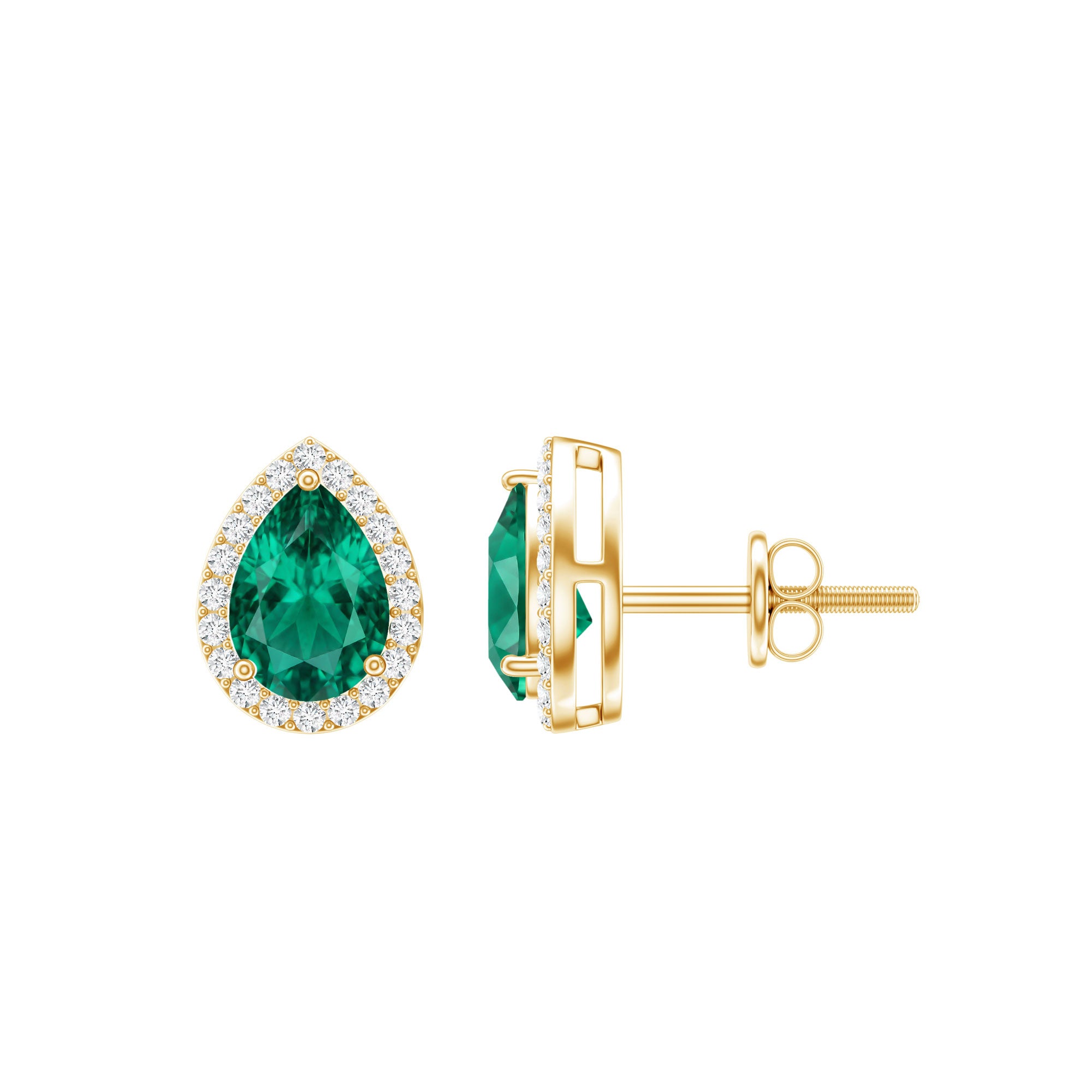 Lab Created Emerald Teardrop Stud Earrings with Diamond Halo AAAA - Rosec Jewels