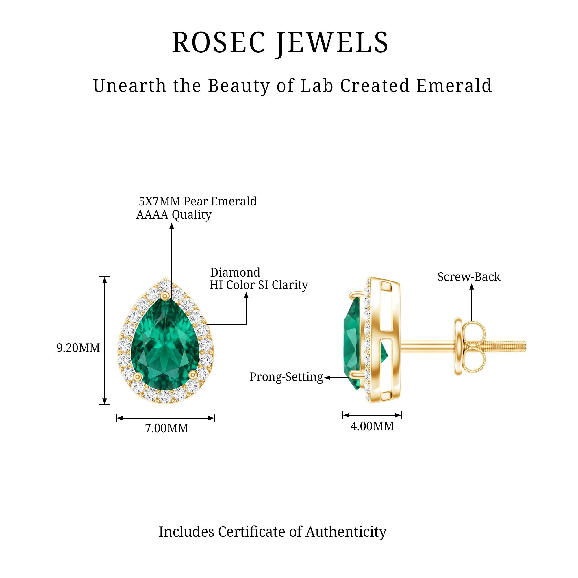Lab Created Emerald Teardrop Stud Earrings with Diamond Halo AAAA - Rosec Jewels