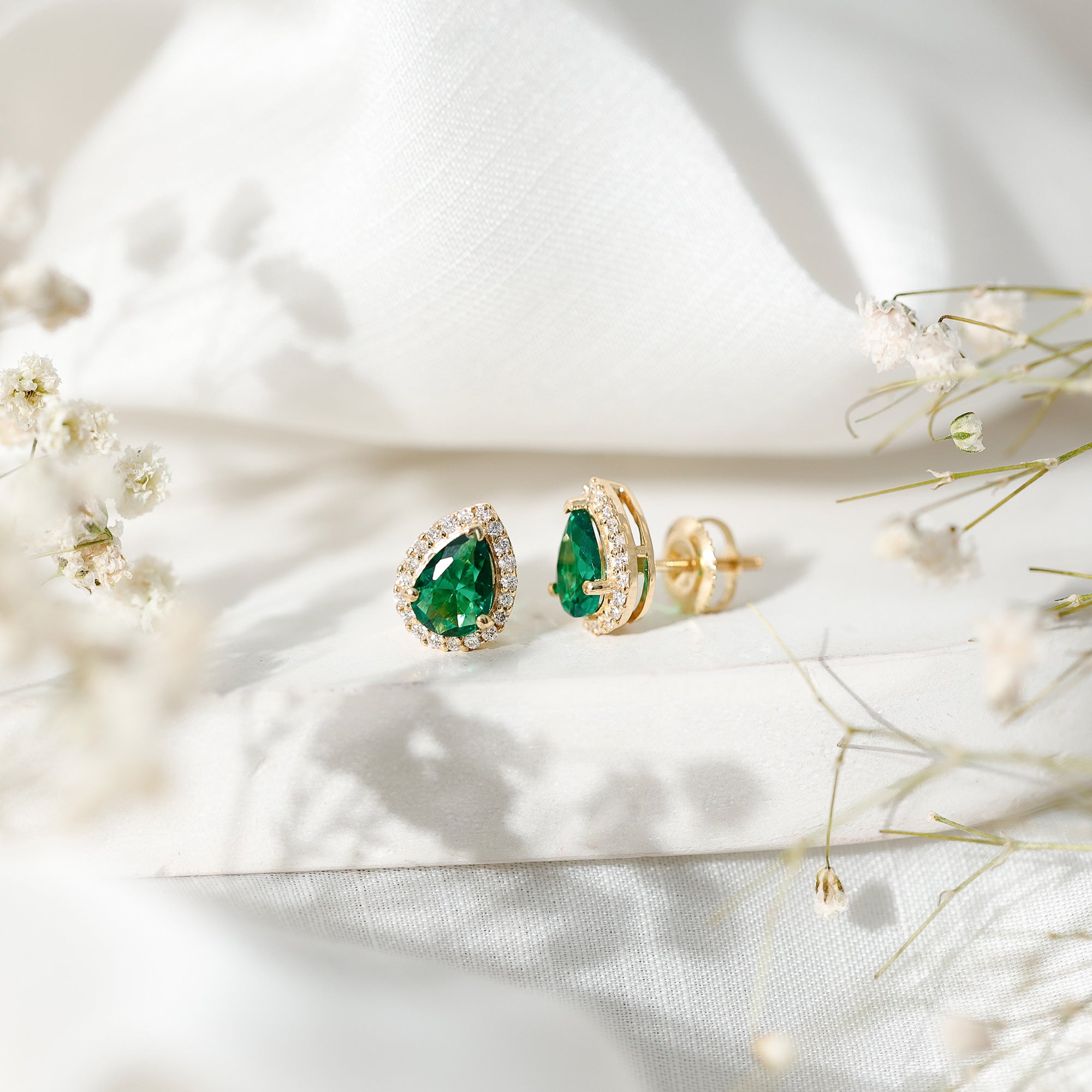 Lab Created Emerald Teardrop Stud Earrings with Diamond Halo AAAA - Rosec Jewels