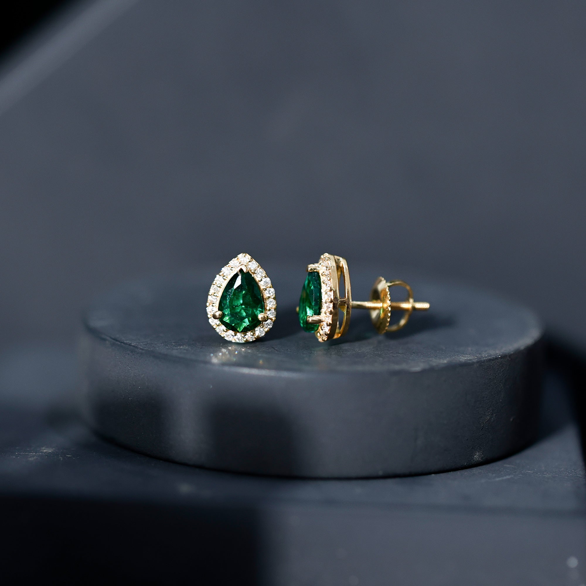 Lab Created Emerald Teardrop Stud Earrings with Diamond Halo AAAA - Rosec Jewels