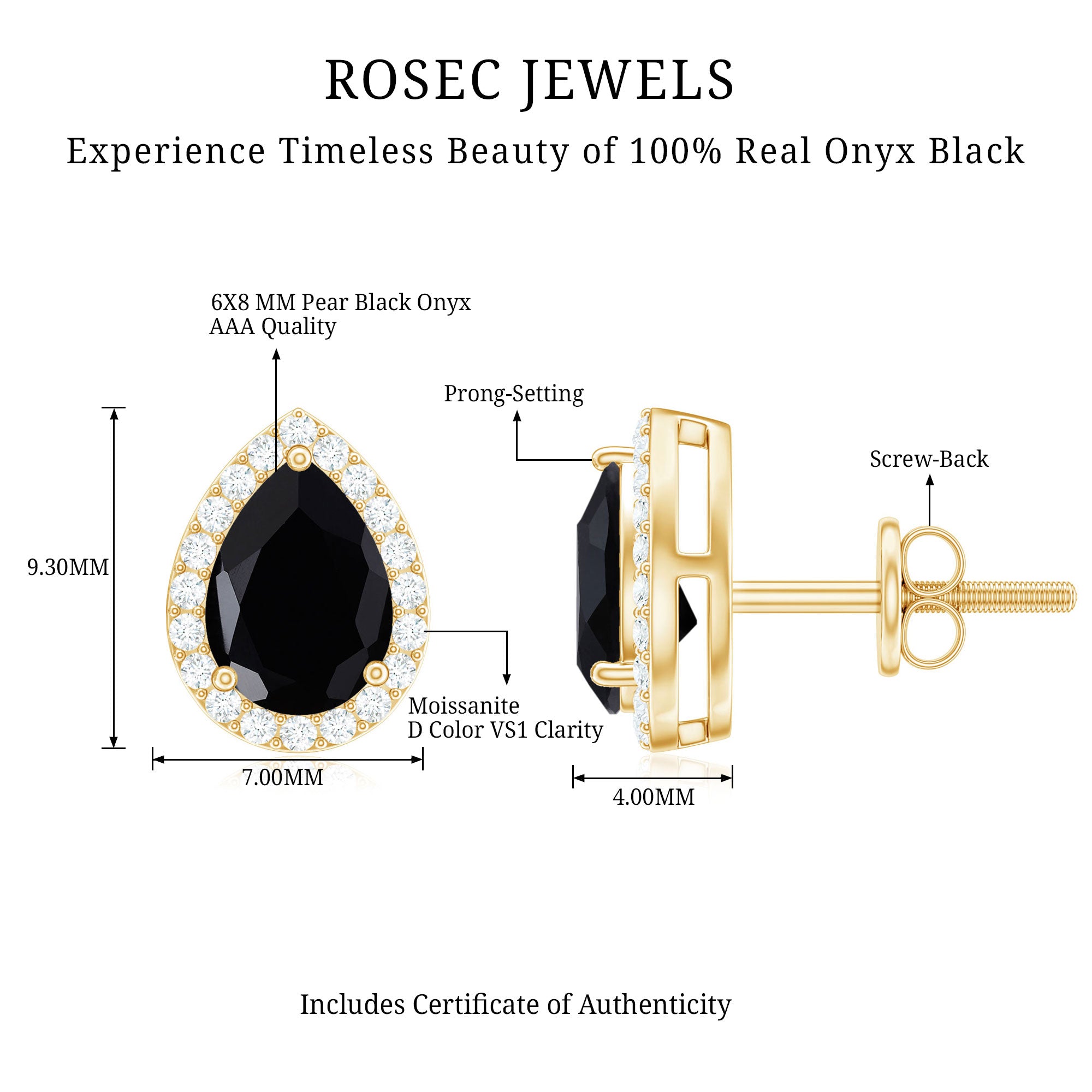 2 Carat Pear Cut Black Onyx and Diamond Halo Stud Earrings AAA - Rosec Jewels