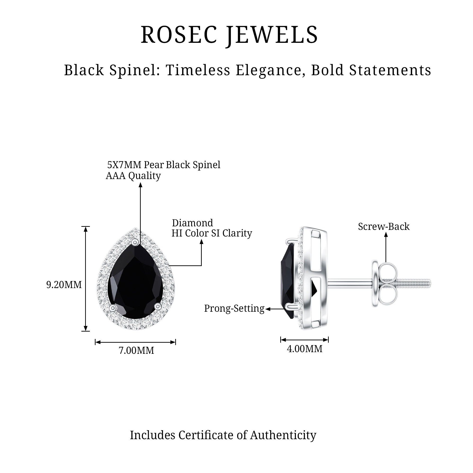 Natural 5X7 mm Pear Shape Black Spinel Earrings with Diamond Halo AAA - Rosec Jewels