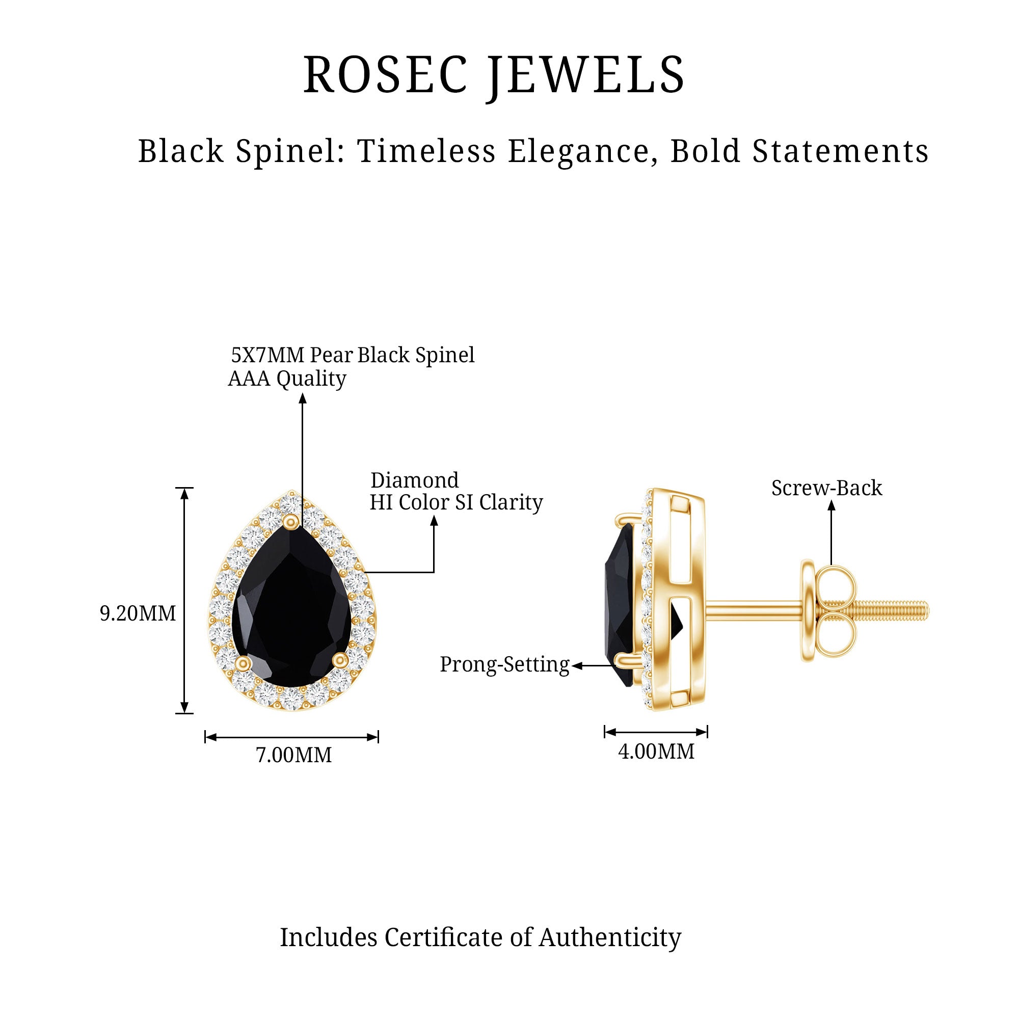 Natural 5X7 mm Pear Shape Black Spinel Earrings with Diamond Halo AAA - Rosec Jewels