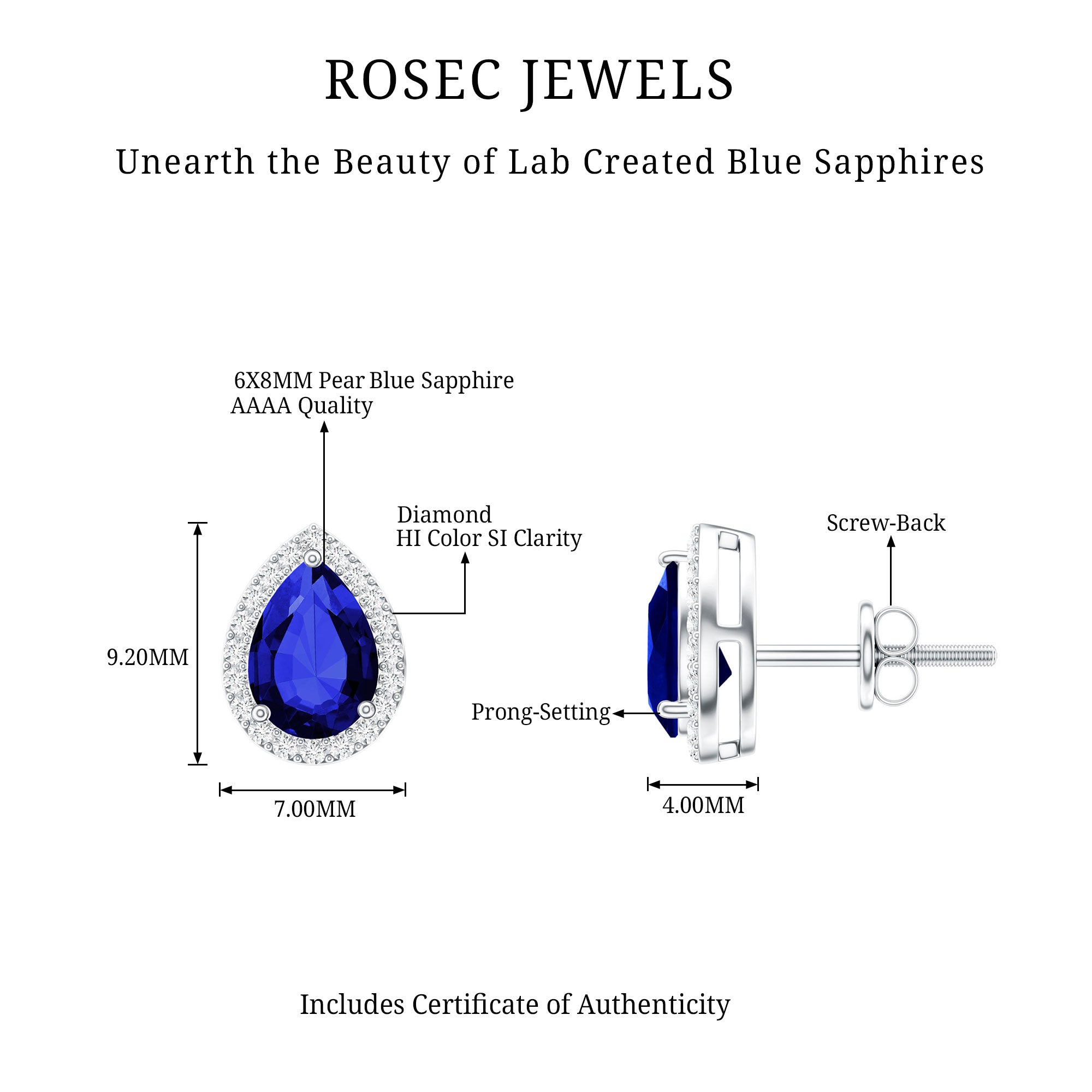 Certified Lab Created Blue Sapphire and Diamond Stud Earrings AAAA - Rosec Jewels