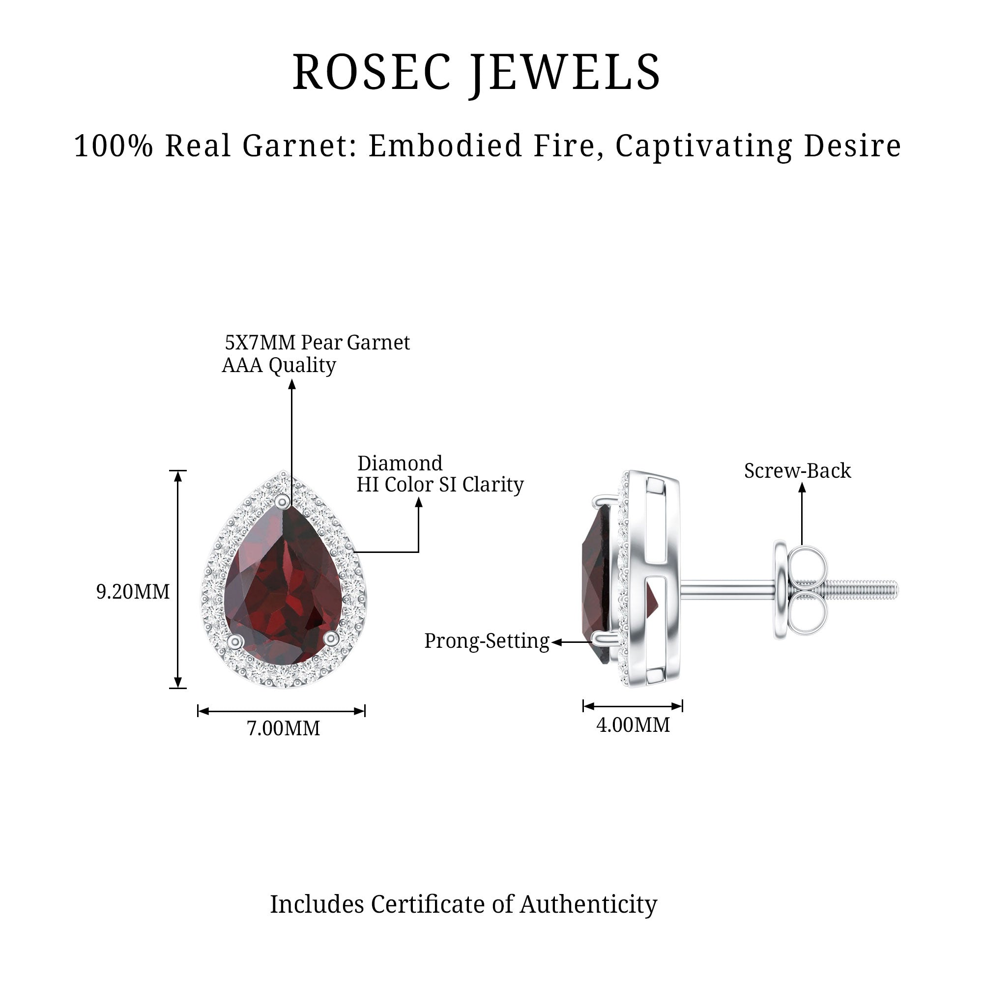 Natural 5X7MM Garnet Teardrop Stud Earrings with Diamond Halo AAA - Rosec Jewels