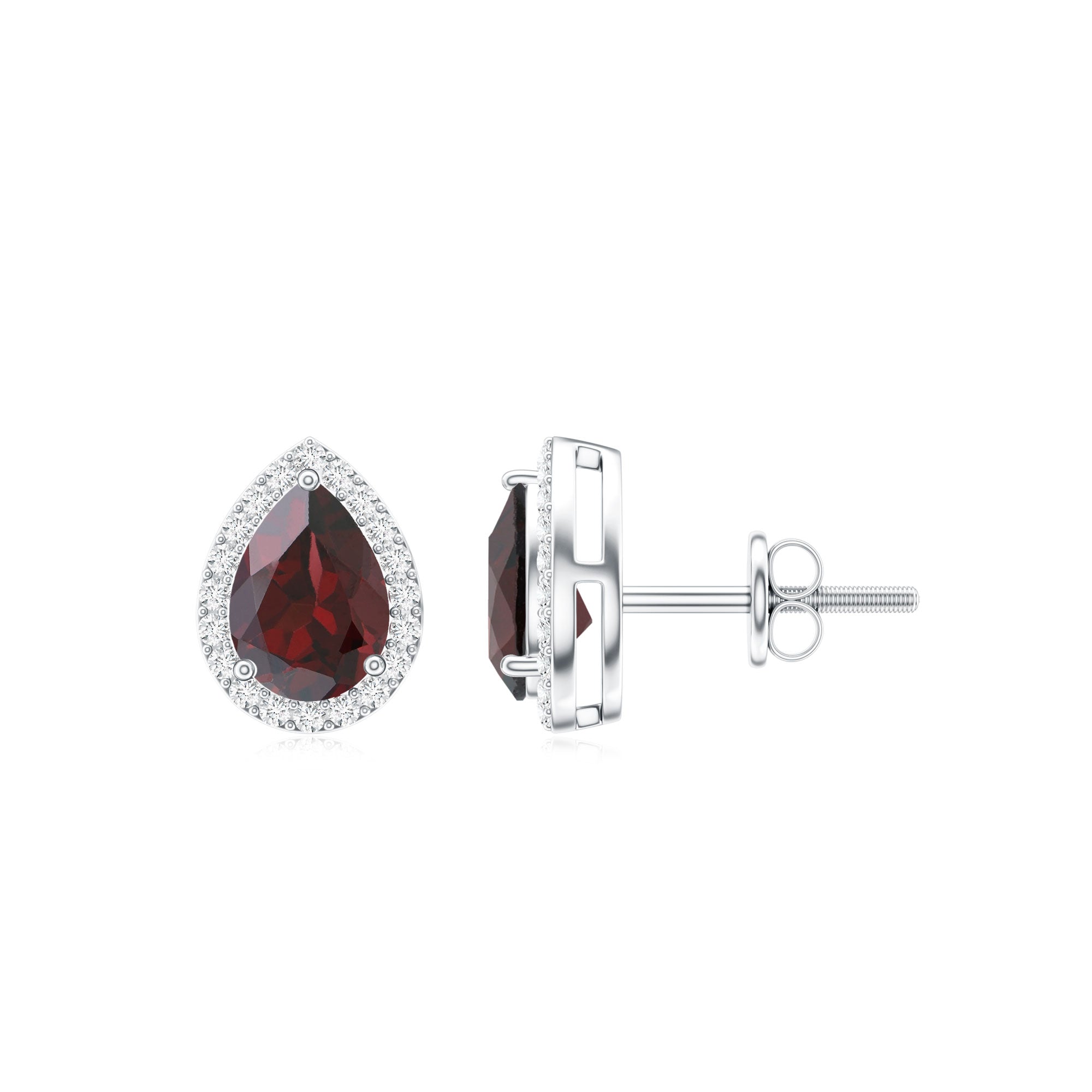 Natural 5X7MM Garnet Teardrop Stud Earrings with Diamond Halo AAA - Rosec Jewels