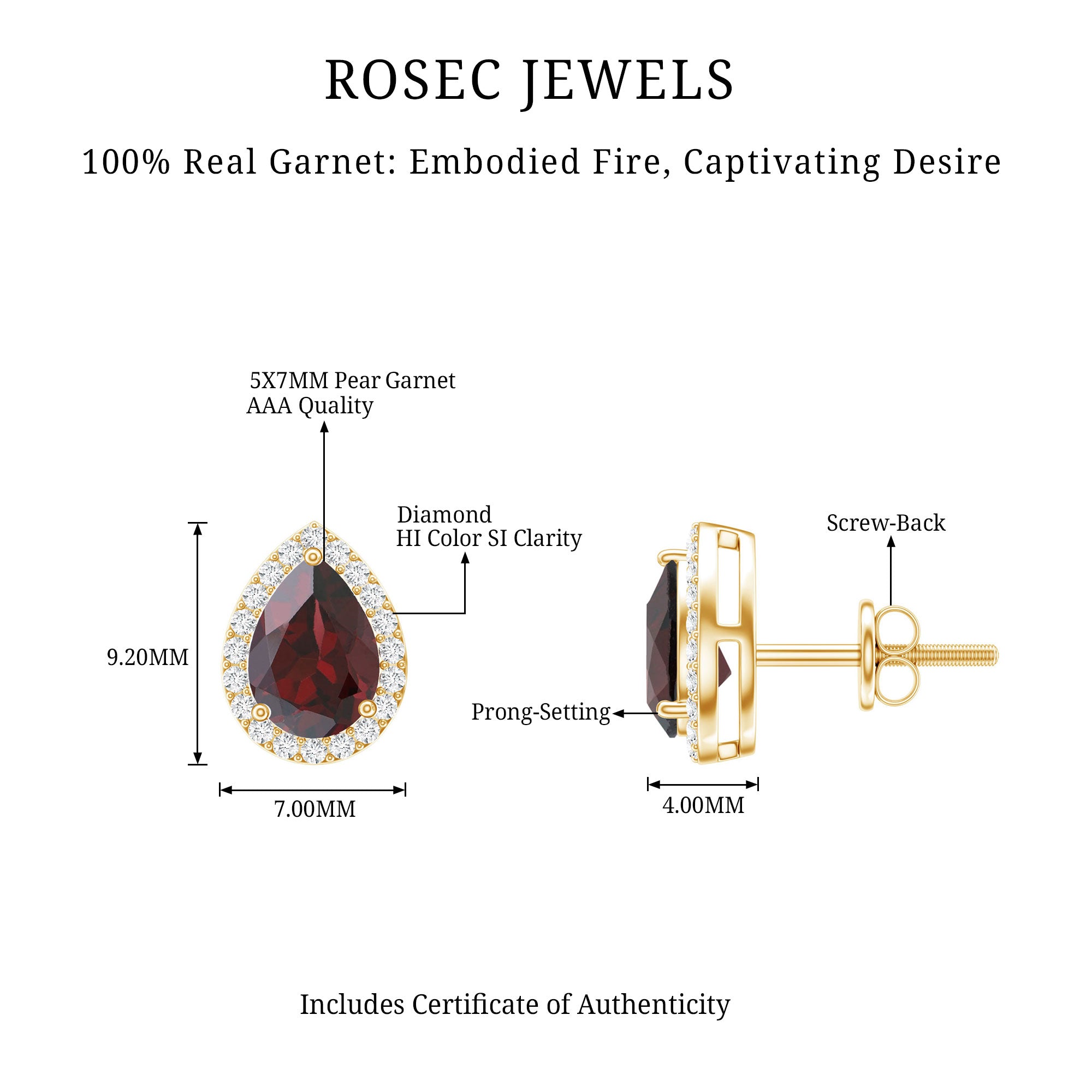 Natural 5X7MM Garnet Teardrop Stud Earrings with Diamond Halo AAA - Rosec Jewels