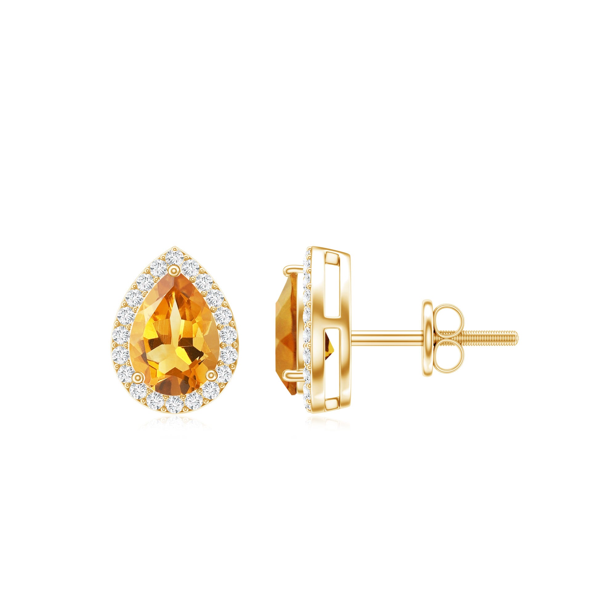 Certified Real Pear Shape Citrine Stud Earrings with Diamond Halo AAA - Rosec Jewels