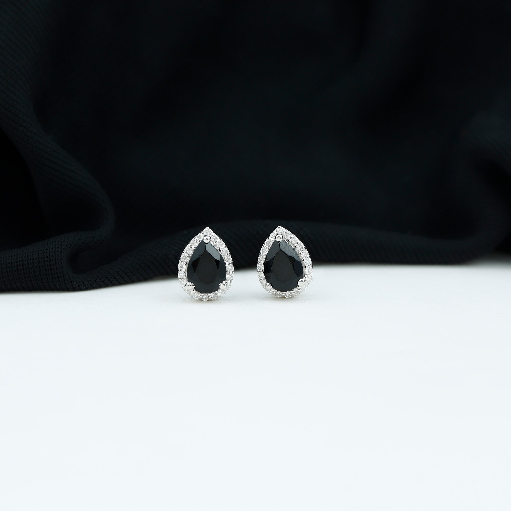 Lab Created Black Diamond Teardrop Stud Earrings with Diamond Halo AAAA ( Synthetic ) - Rosec Jewels