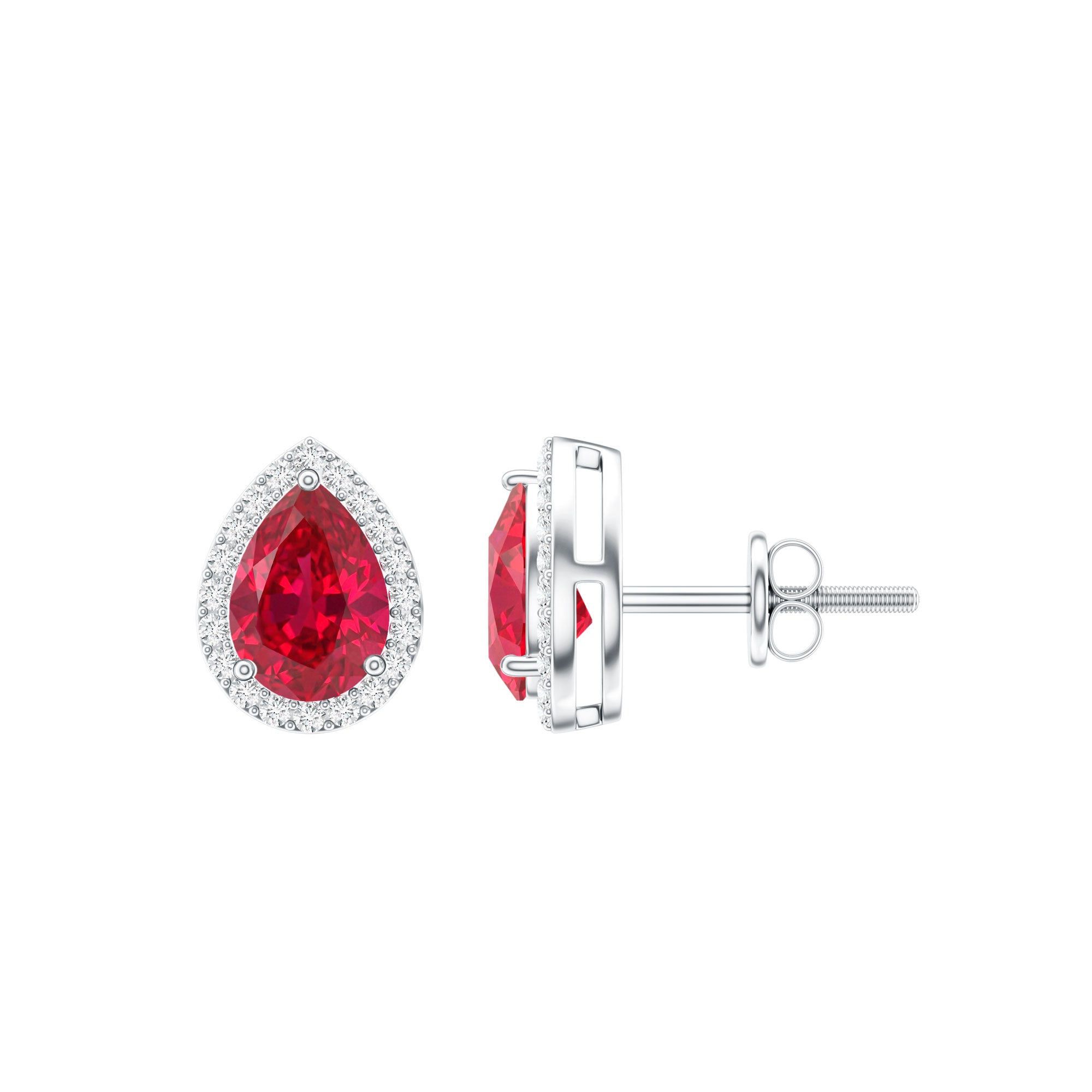 Lab Created Ruby Teardrop Stud Earrings with Diamond Halo AAAA - Rosec Jewels