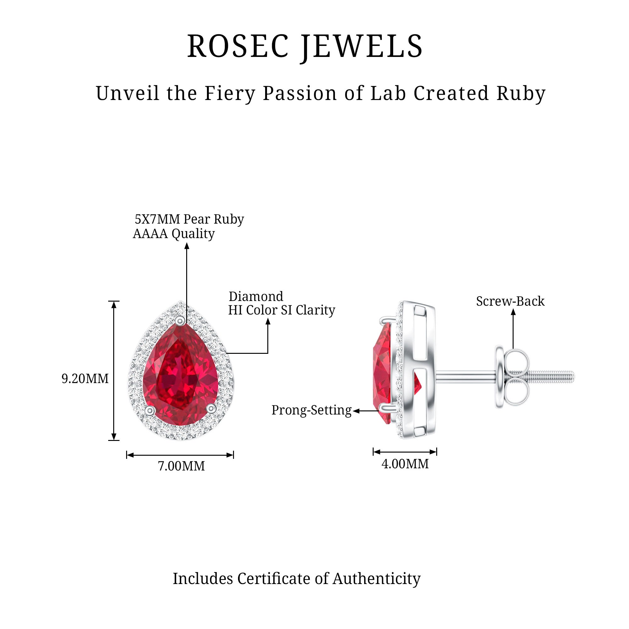 Lab Created Ruby Teardrop Stud Earrings with Diamond Halo AAAA - Rosec Jewels