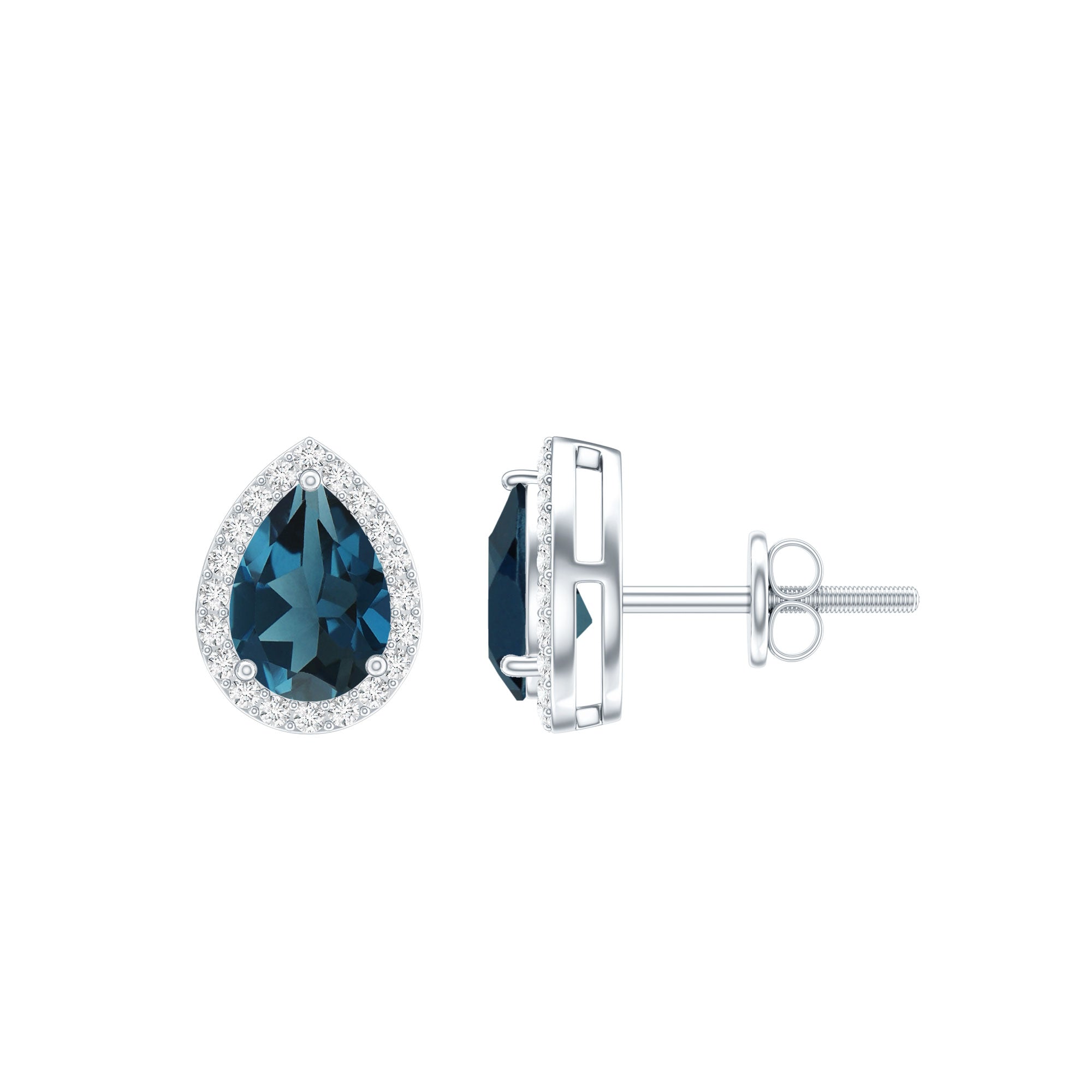 Real London Blue Topaz Teardrop Stud Earrings with Diamond Halo AAA - Rosec Jewels