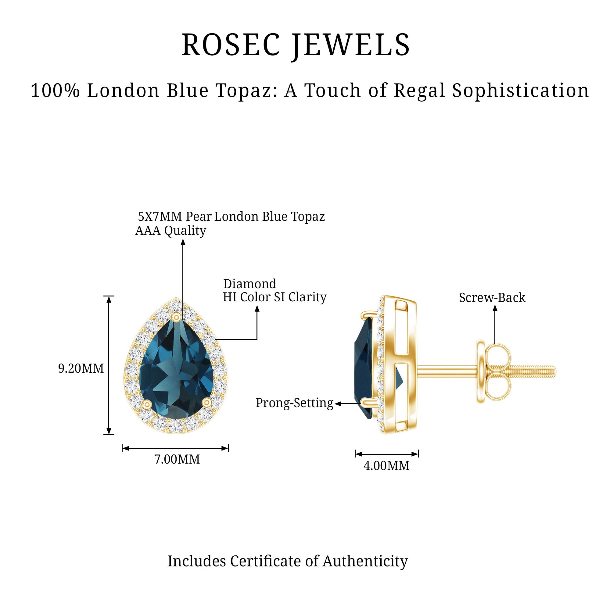 Real London Blue Topaz Teardrop Stud Earrings with Diamond Halo AAA - Rosec Jewels