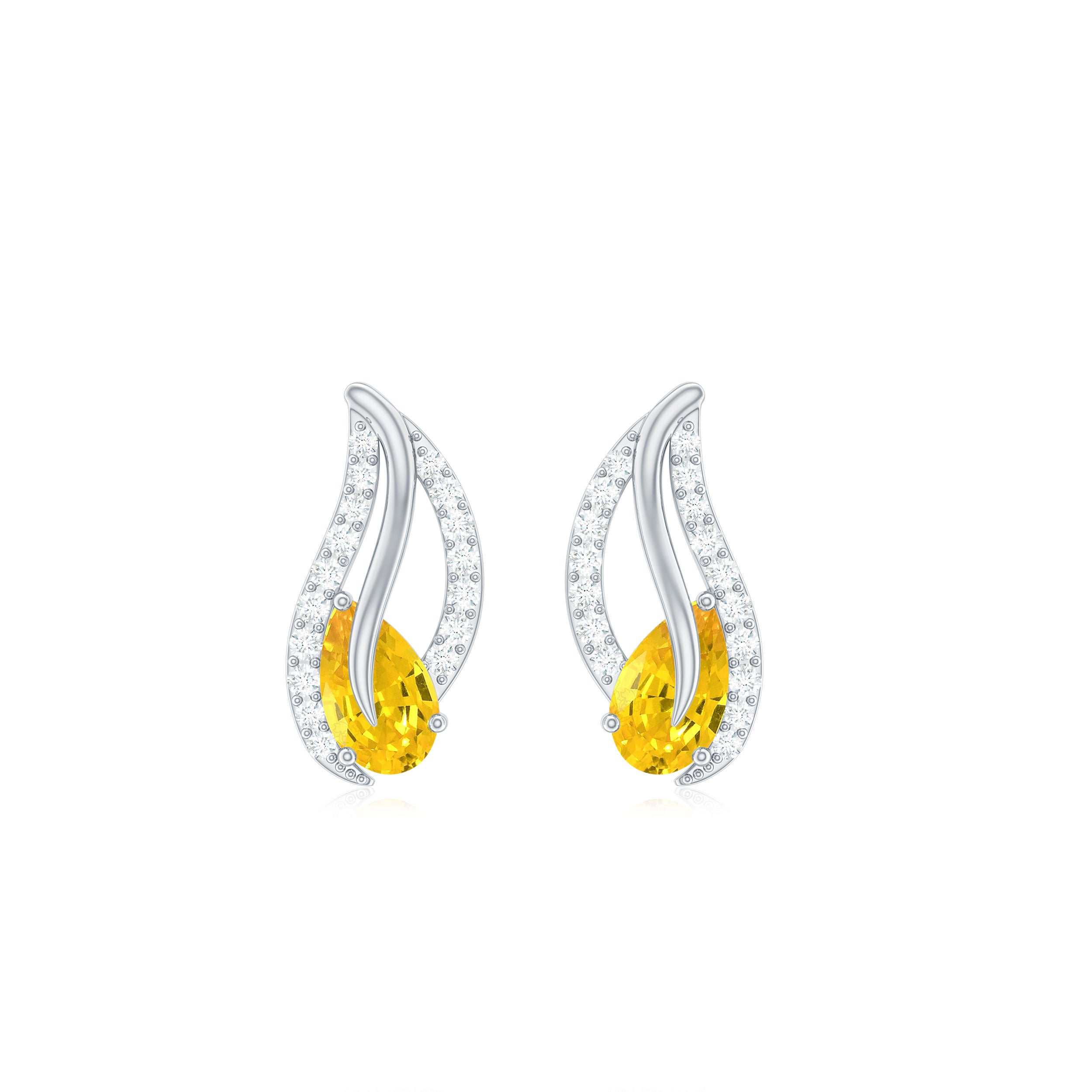 Pear Cut Yellow Sapphire and Diamond Leaf Stud Earrings Yellow Sapphire - ( AAA ) - Quality - Rosec Jewels
