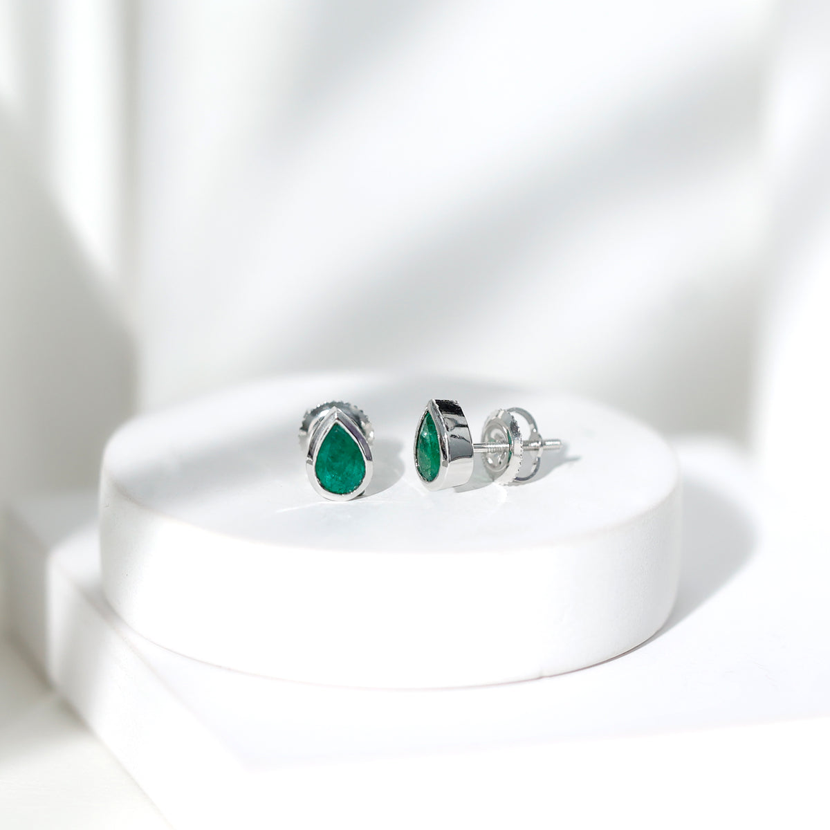 Genuine Emerald Teardrop Stud Earrings in Bezel Setting AAA - Rosec Jewels