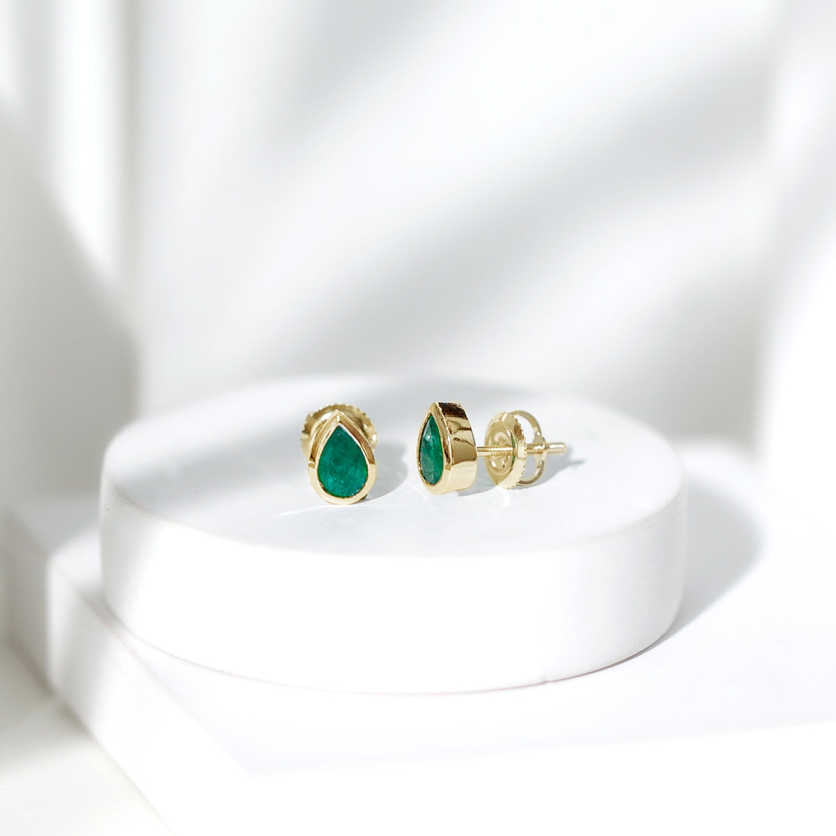 Genuine Emerald Teardrop Stud Earrings in Bezel Setting AAA - Rosec Jewels