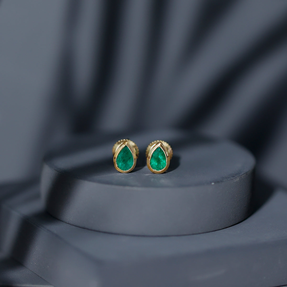 Genuine Emerald Teardrop Stud Earrings in Bezel Setting AAA - Rosec Jewels