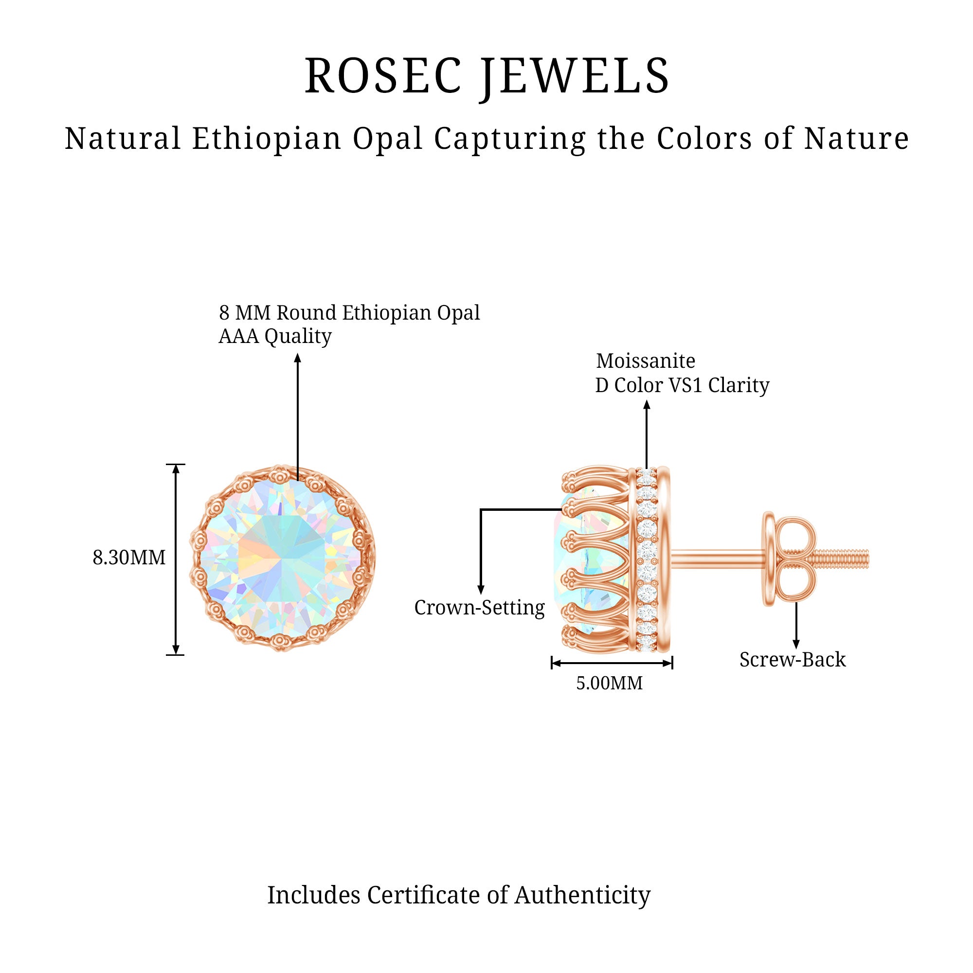 Real Ethiopian Opal Crown Stud Earrings with Certificate AAA - Rosec Jewels