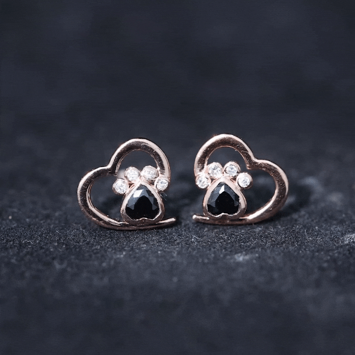 Heart Shape Black Onyx and Diamond Paw Stud Earrings AAA - Rosec Jewels