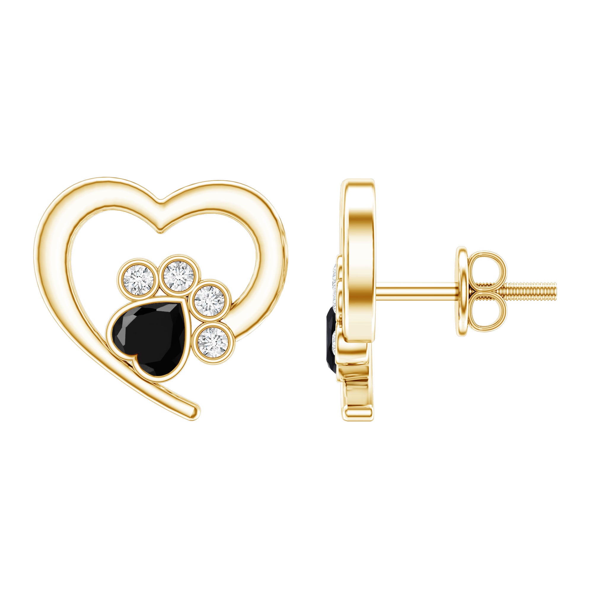Heart Shape Black Onyx and Diamond Paw Stud Earrings AAA - Rosec Jewels