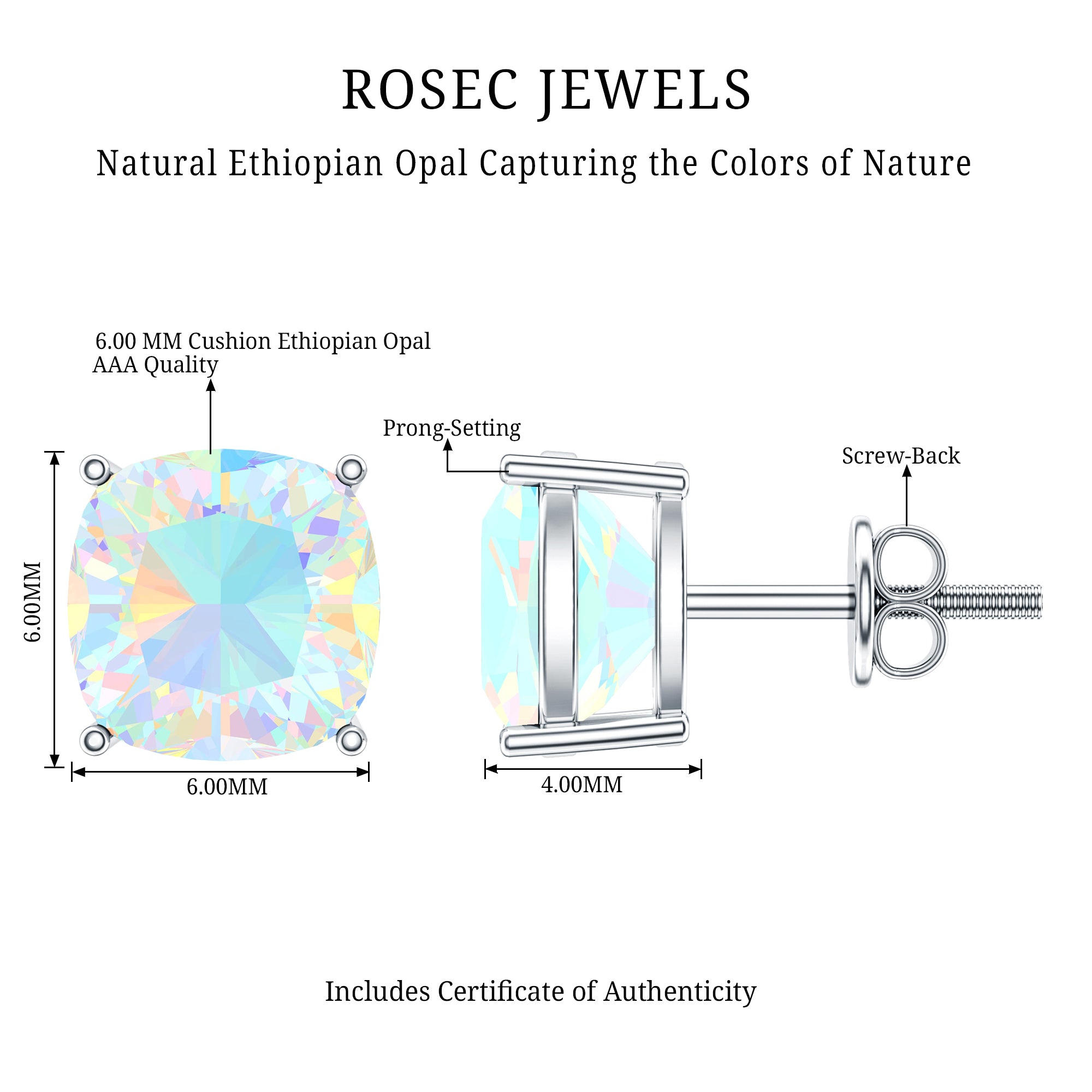 Natural Certified Cushion Cut Ethiopian Opal Stud Earrings For Women AAA - Rosec Jewels