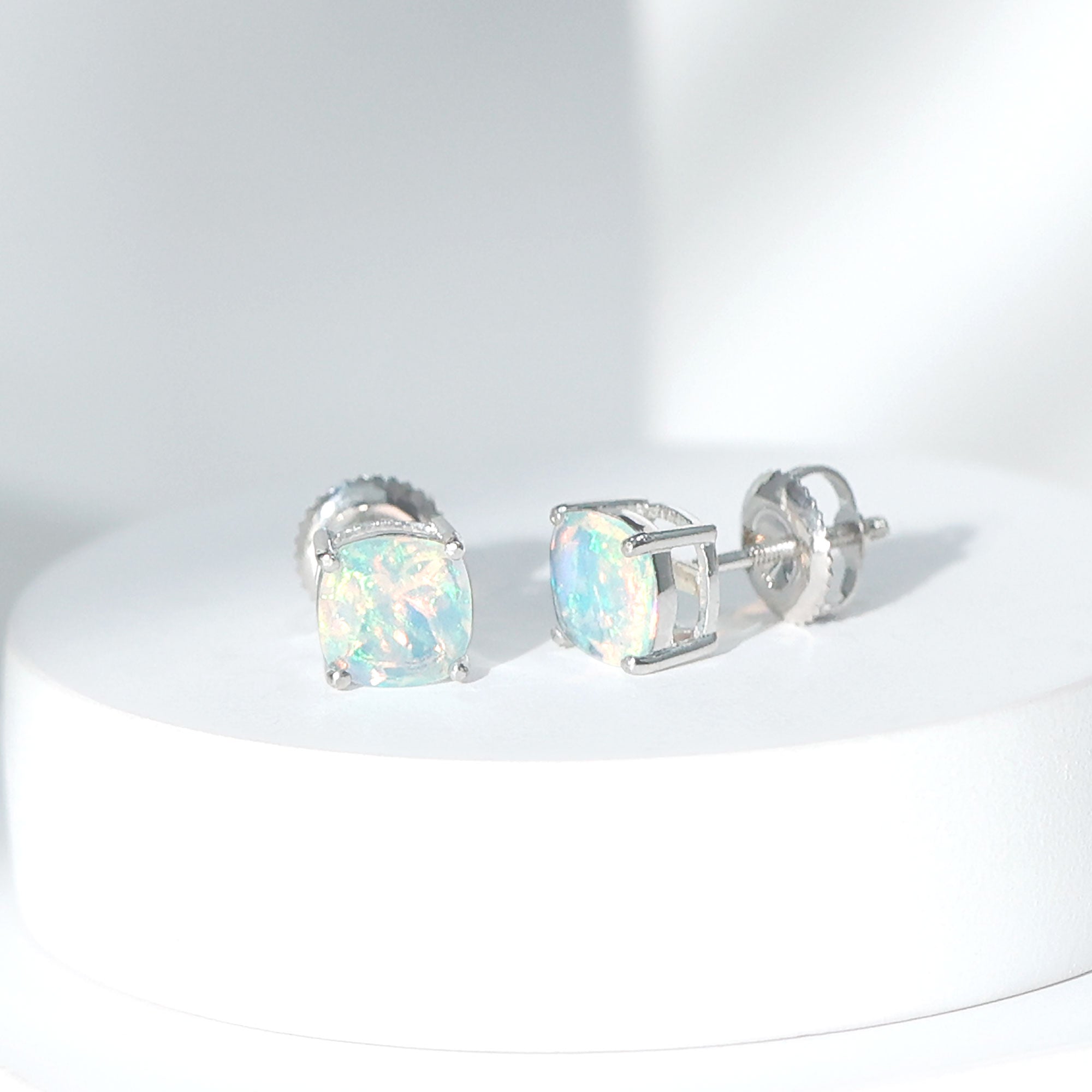 Natural Certified Cushion Cut Ethiopian Opal Stud Earrings For Women AAA - Rosec Jewels