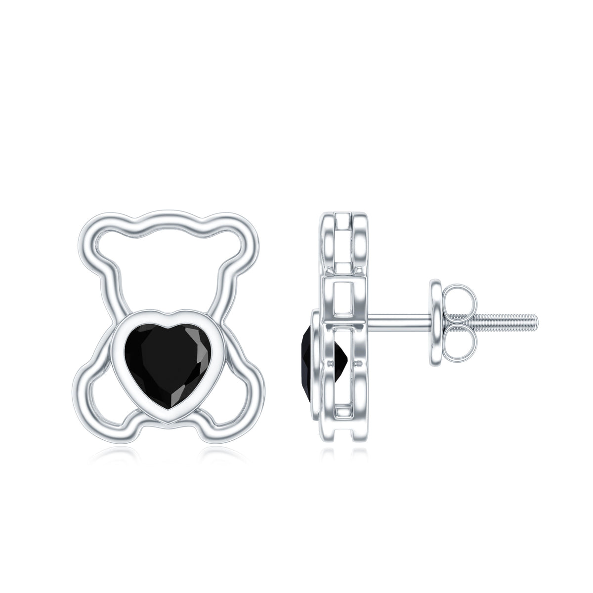 Heart Shape Lab Created Black Diamond Teddy Bear Stud Earrings AAAA ( Synthetic ) - Rosec Jewels