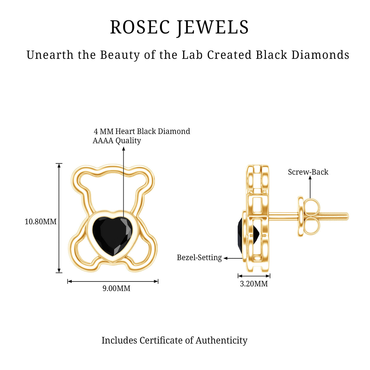 Heart Shape Lab Created Black Diamond Teddy Bear Stud Earrings AAAA ( Synthetic ) - Rosec Jewels