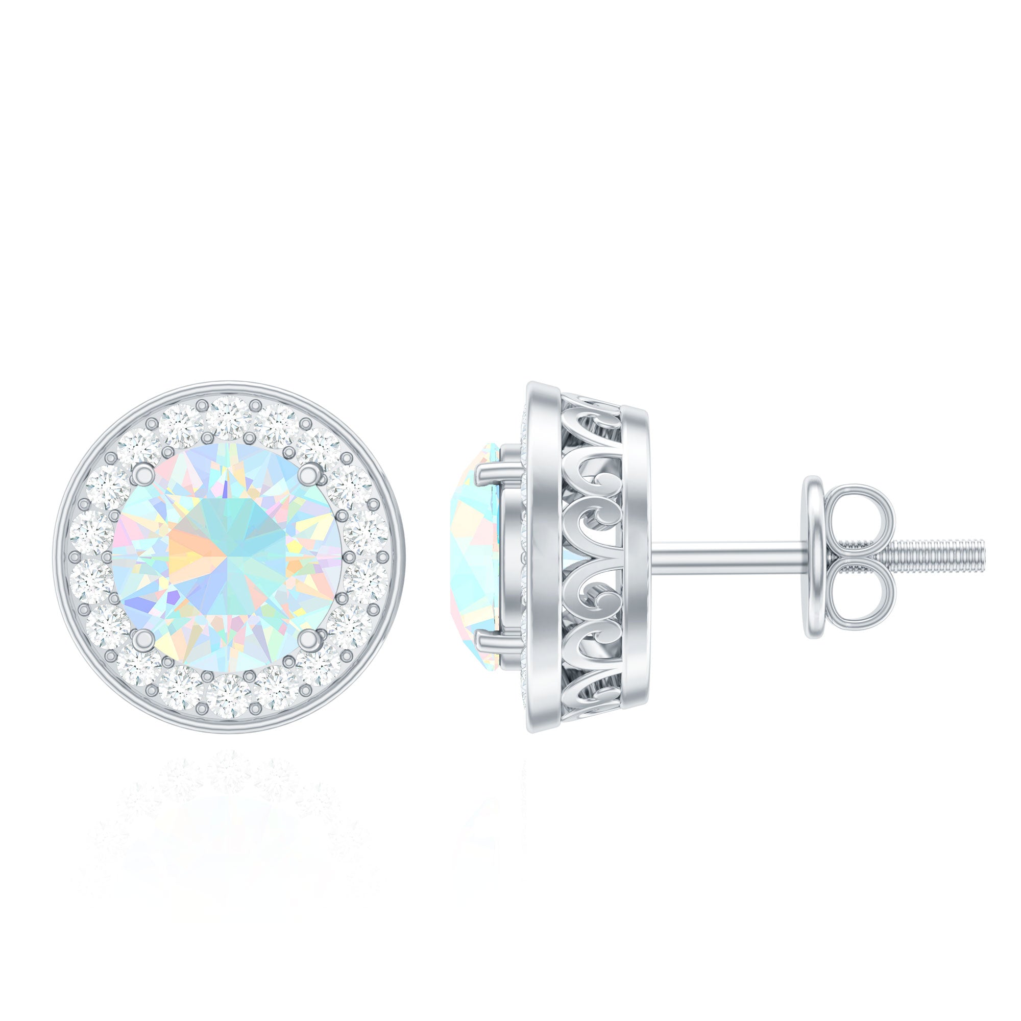 1.6 Carat Round Ethiopian Opal and Diamond Halo Stud Earrings AAA - Rosec Jewels